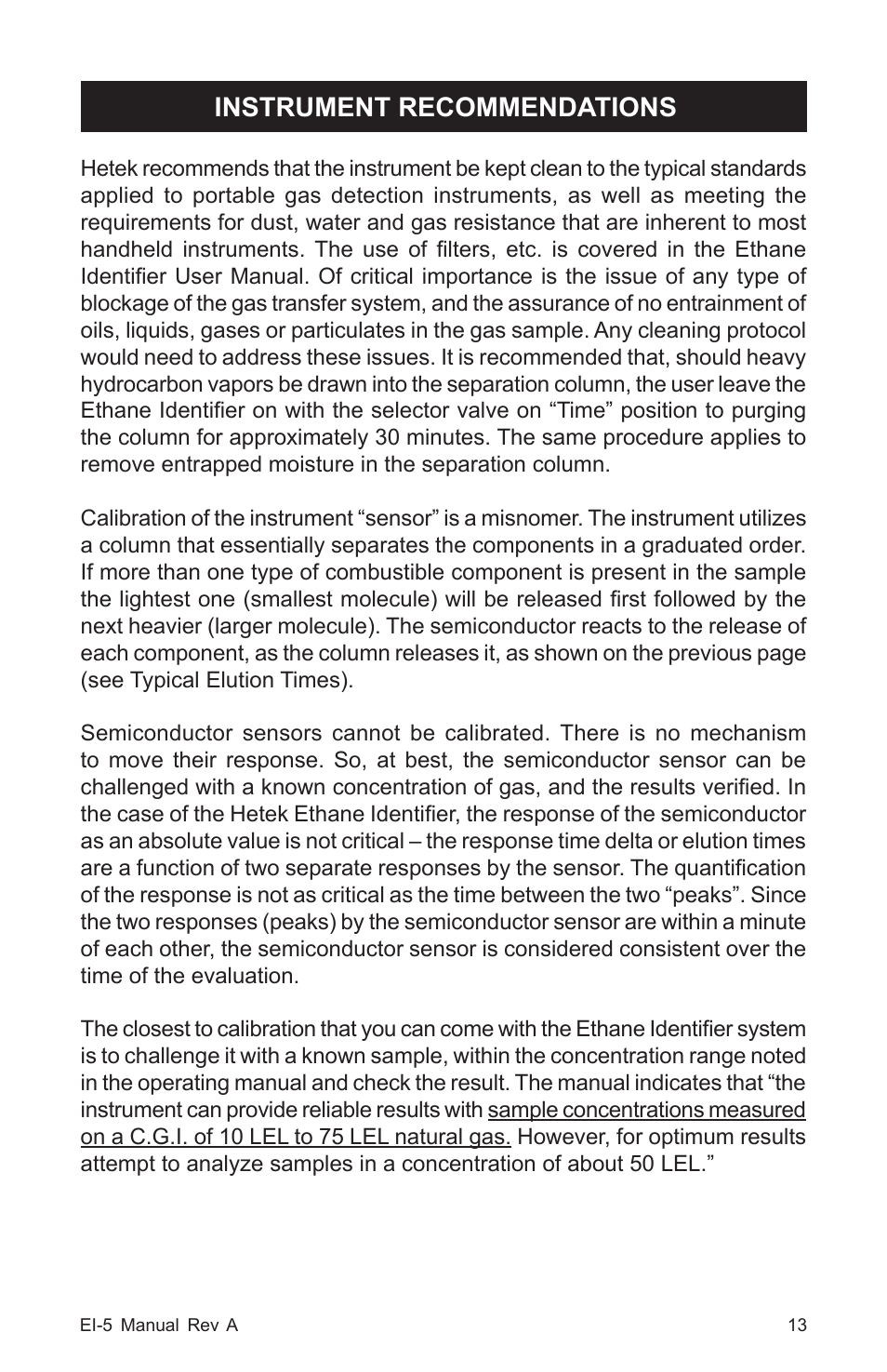 Instrument recommendations | Heath Consultants EI-5 Ethane Gas Identifier User Manual | Page 16 / 23