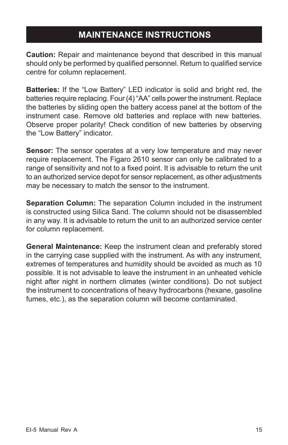 Maintenance instructions | Heath Consultants EI-5 Ethane Gas Identifier User Manual | Page 18 / 23