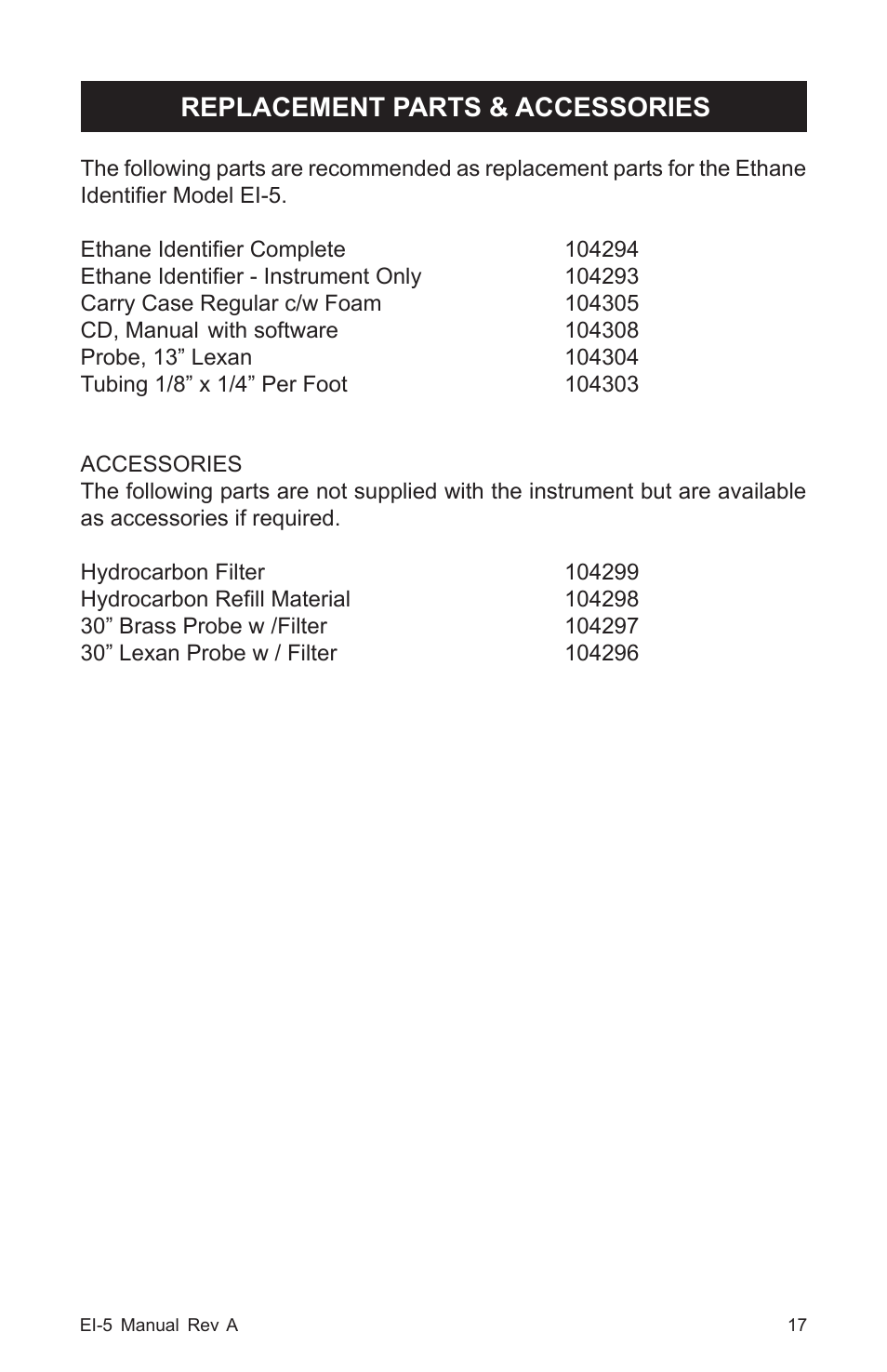 Replacement parts & accessories | Heath Consultants EI-5 Ethane Gas Identifier User Manual | Page 20 / 23