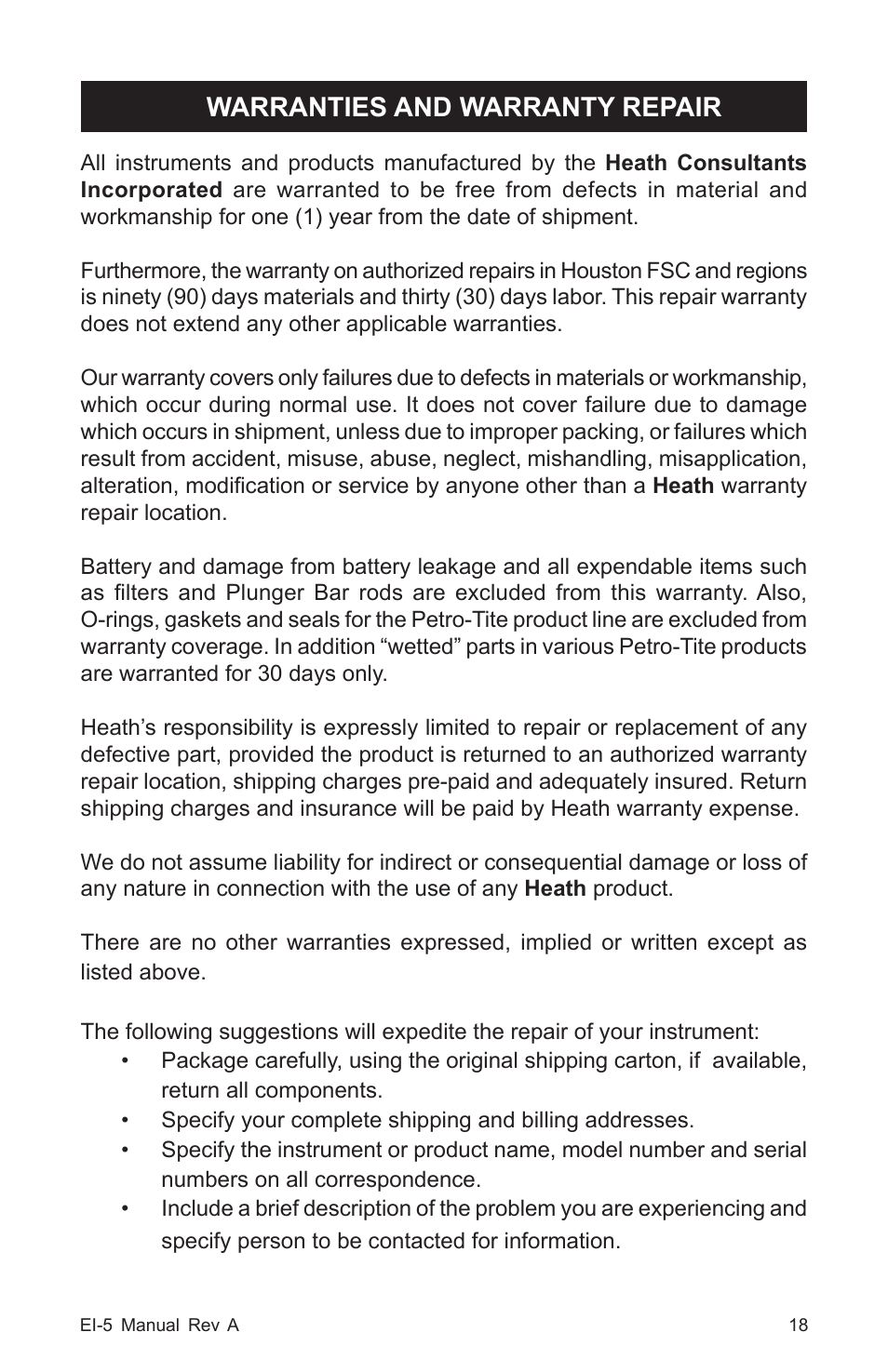 Warranties and warranty repair | Heath Consultants EI-5 Ethane Gas Identifier User Manual | Page 21 / 23