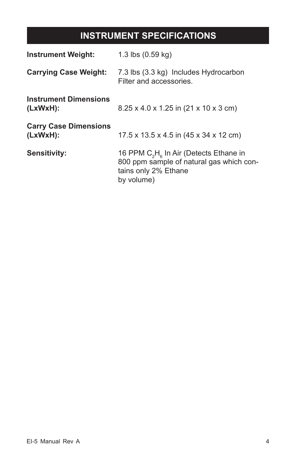 Instrument specifications | Heath Consultants EI-5 Ethane Gas Identifier User Manual | Page 7 / 23