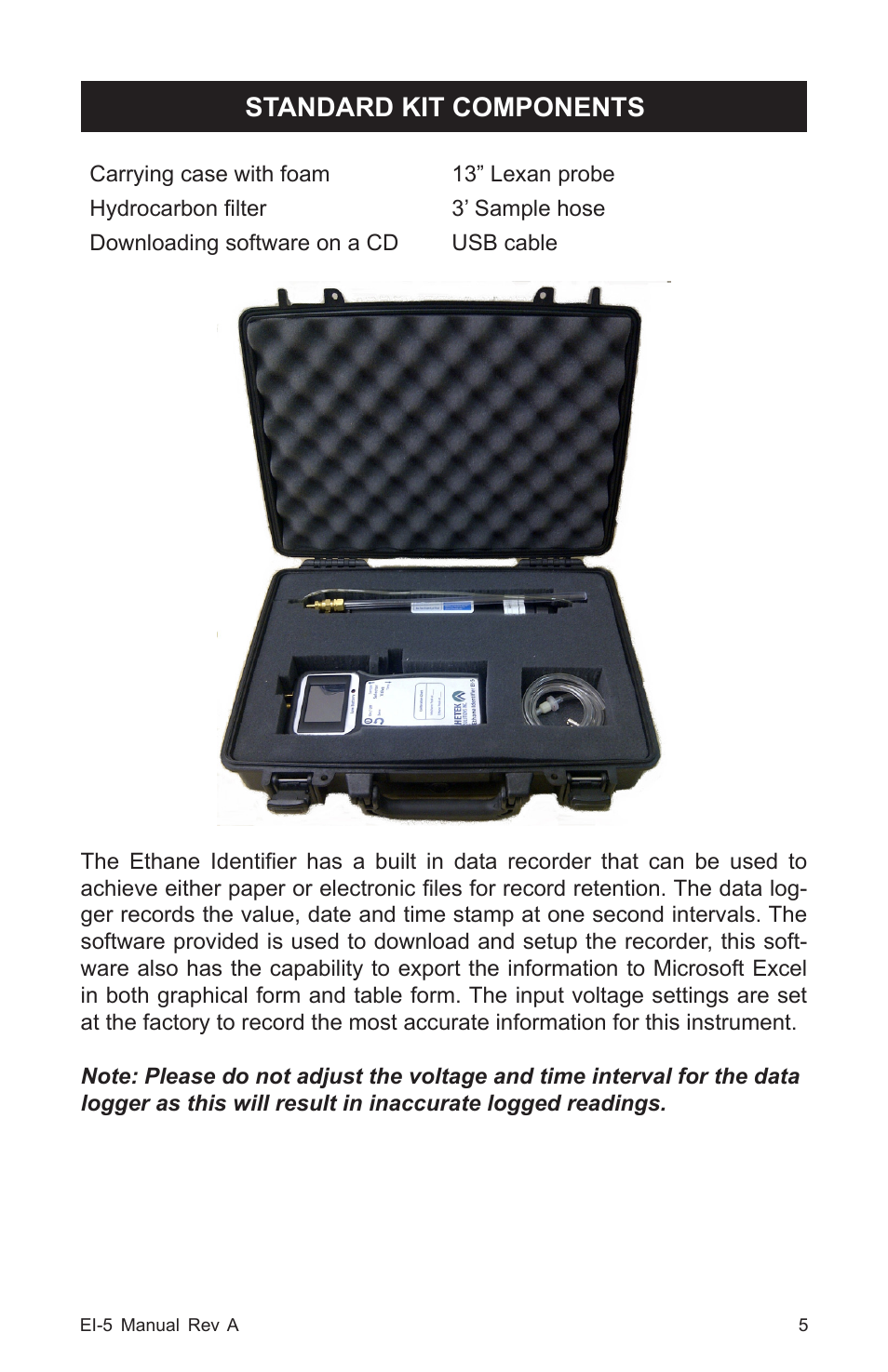 Standard kit components | Heath Consultants EI-5 Ethane Gas Identifier User Manual | Page 8 / 23