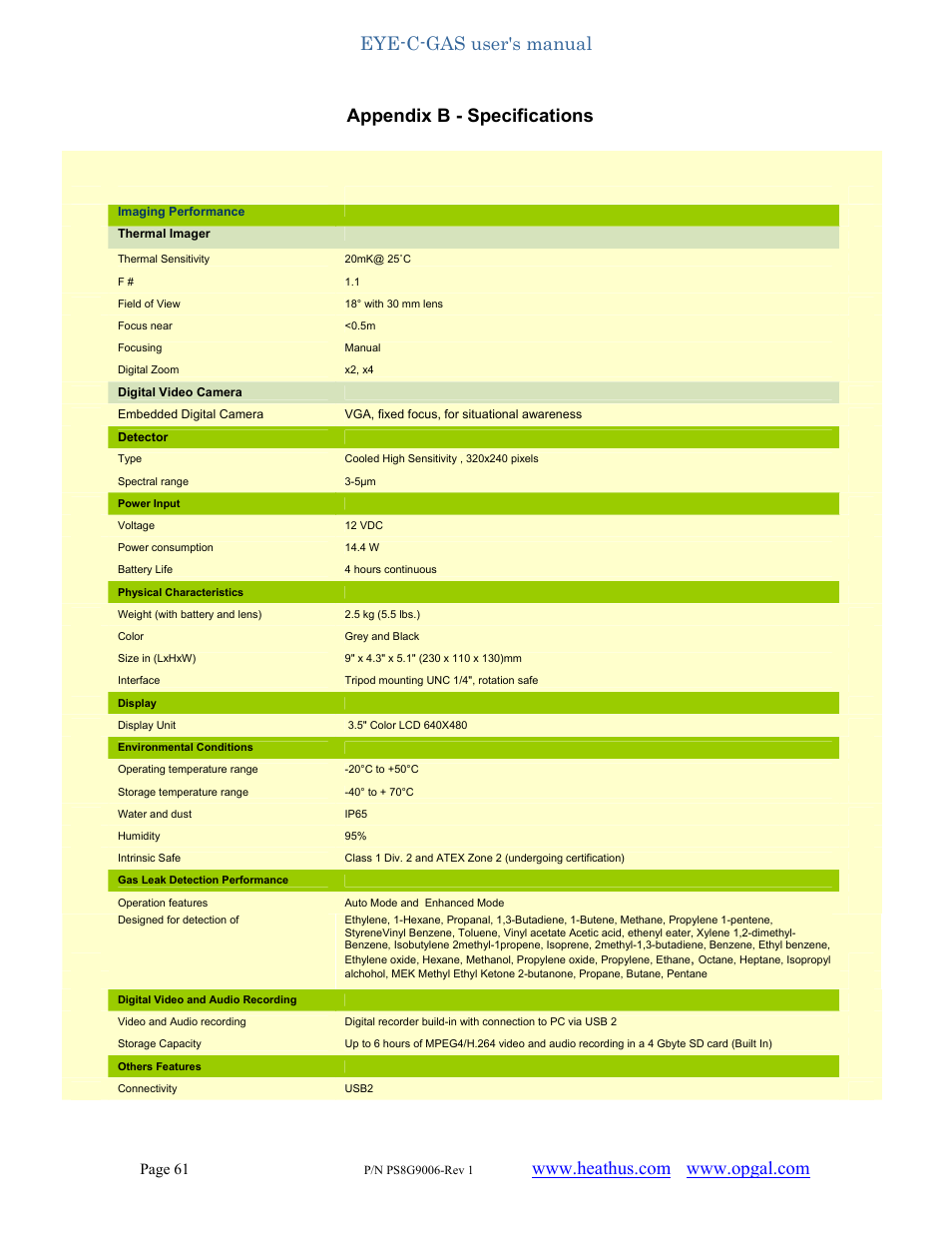 Eye-c-gas user's manual, Appendix b - specifications | Heath Consultants EyeCGas User Manual | Page 61 / 62