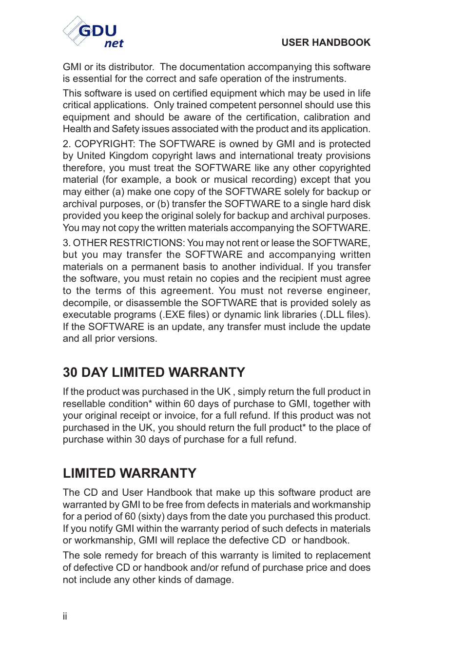 30 day limited warranty, Limited warranty | Heath Consultants Gas Delivery Unit (GDUnet) User Manual | Page 4 / 109