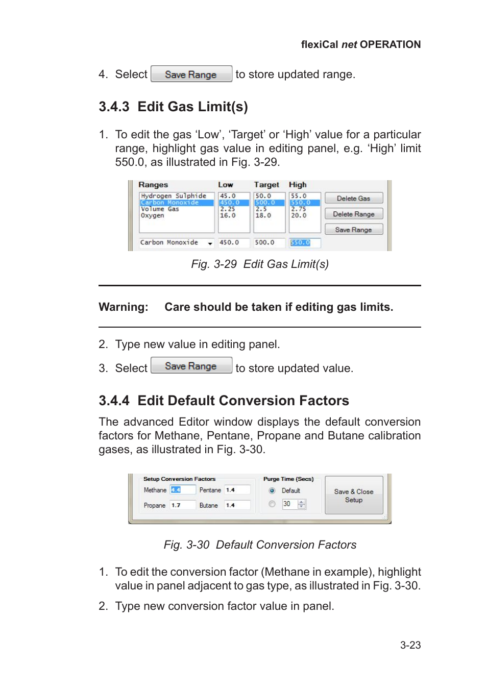 3 edit gas limit(s), 4 edit default conversion factors | Heath Consultants Gas Delivery Unit (GDUnet) User Manual | Page 51 / 109