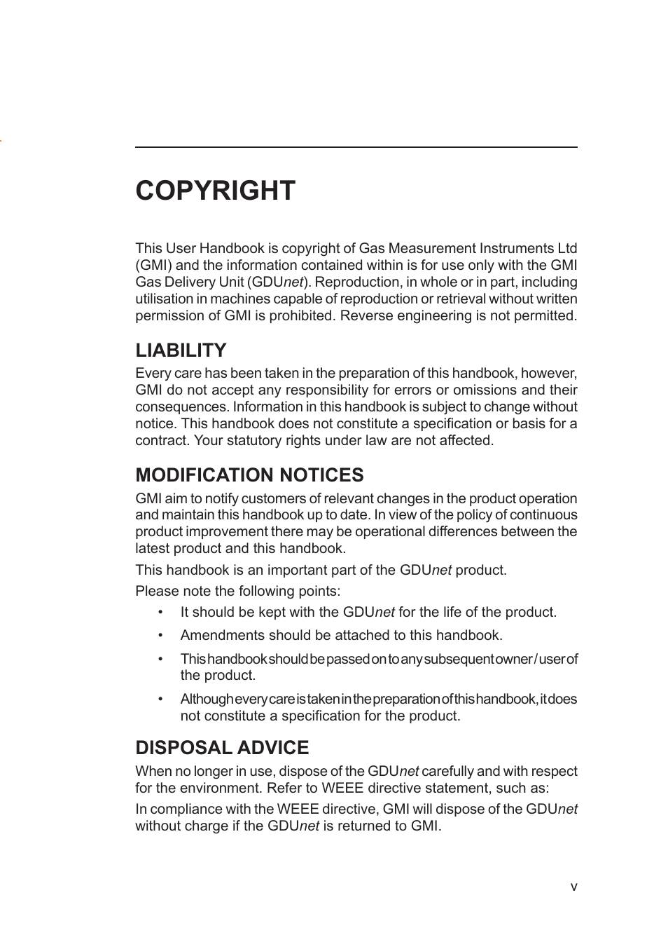 Copyright, Liability, Modification notices | Disposal advice | Heath Consultants Gas Delivery Unit (GDUnet) User Manual | Page 7 / 109