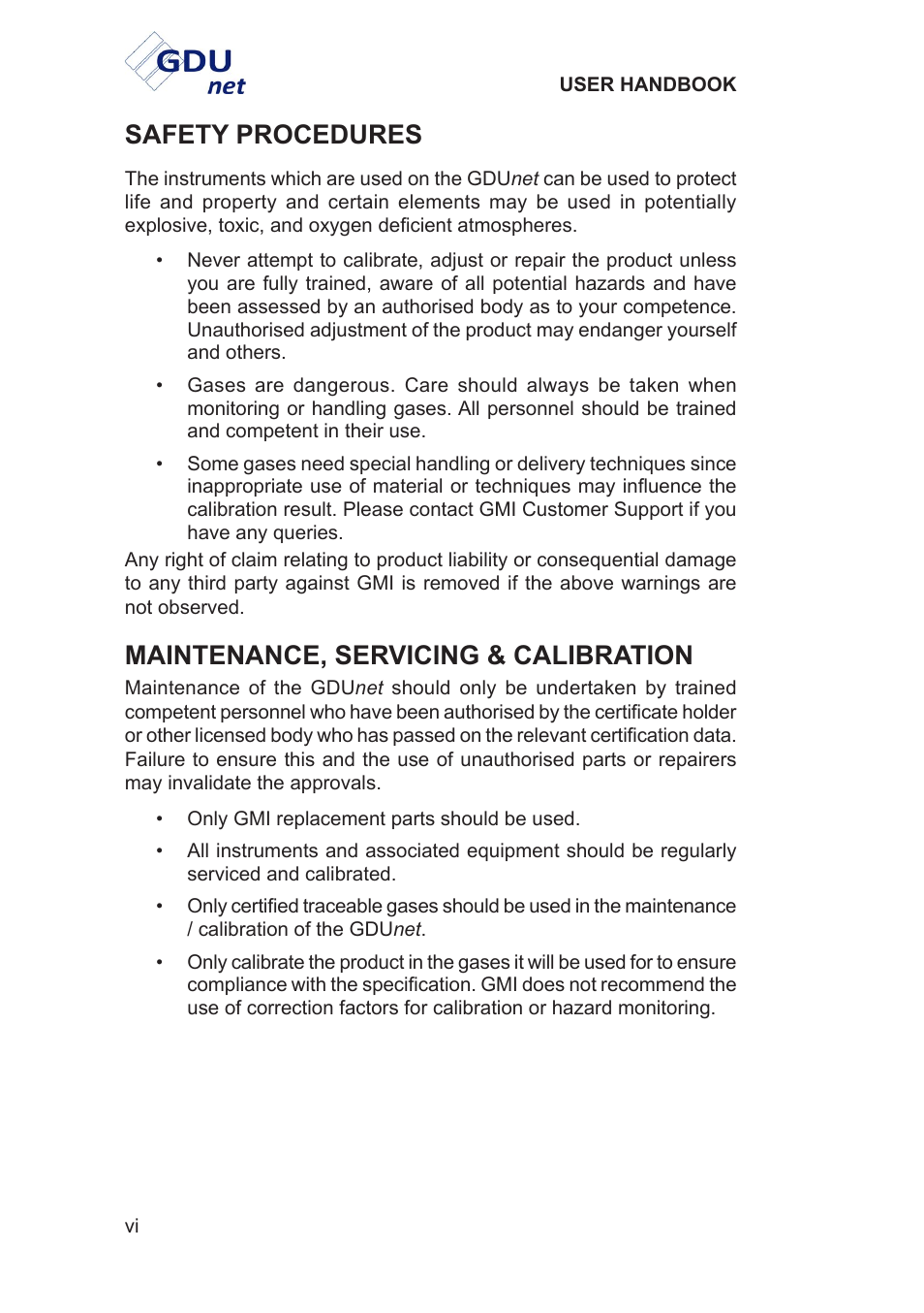 Safety procedures, Maintenance, servicing & calibration | Heath Consultants Gas Delivery Unit (GDUnet) User Manual | Page 8 / 109