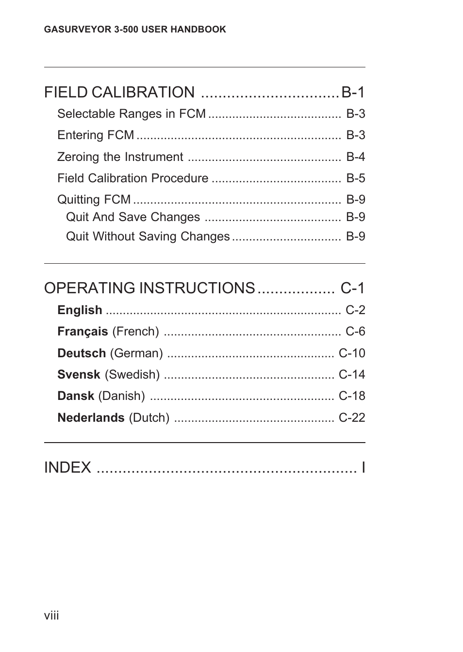 Operating instructions.................. c-1 | Heath Consultants Gasurveyor 500 Series User Manual | Page 10 / 89
