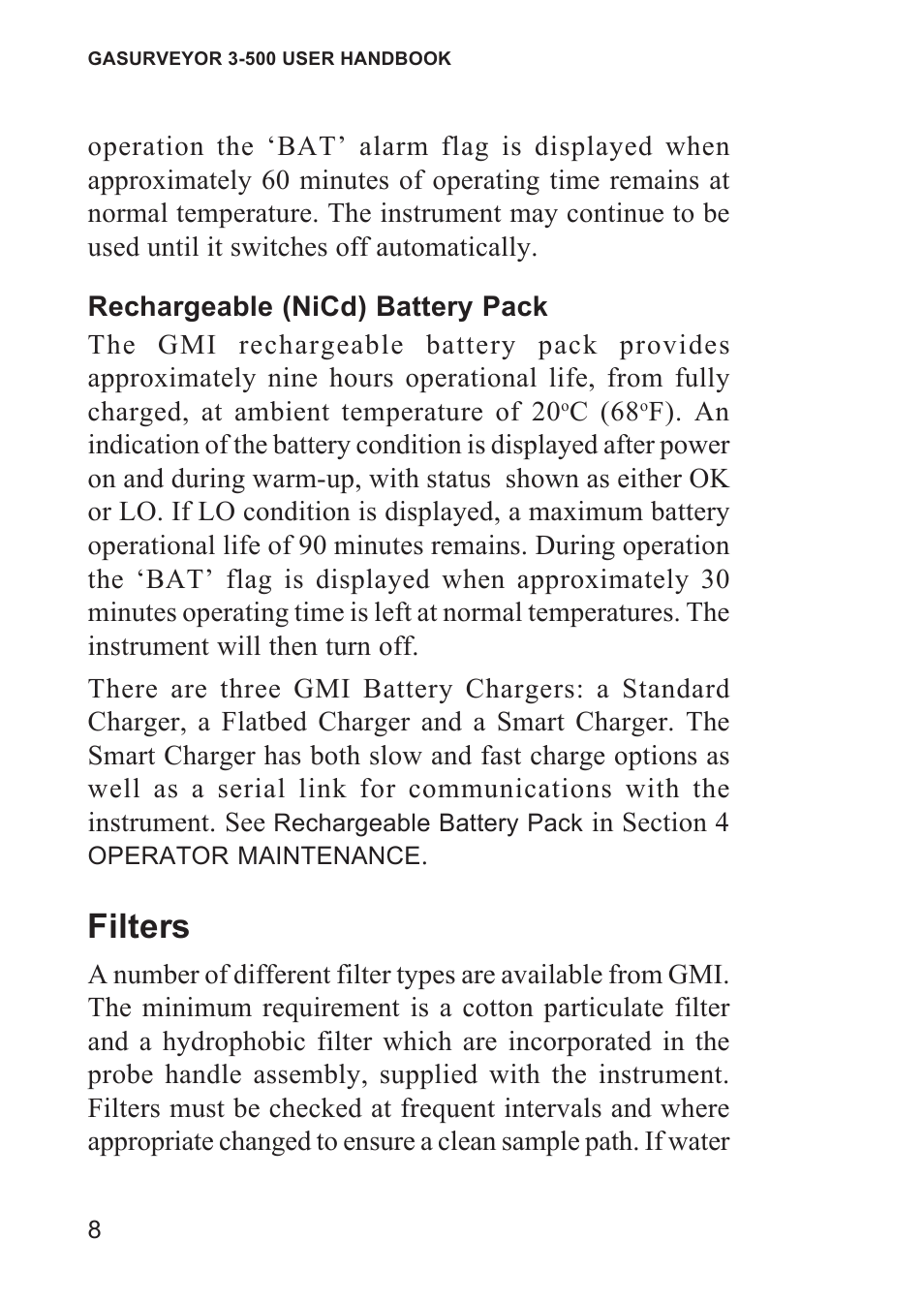 Rechargeable (nicd) battery pack, Filters, Battery pack | Rechargeable battery pack | Heath Consultants Gasurveyor 500 Series User Manual | Page 18 / 89