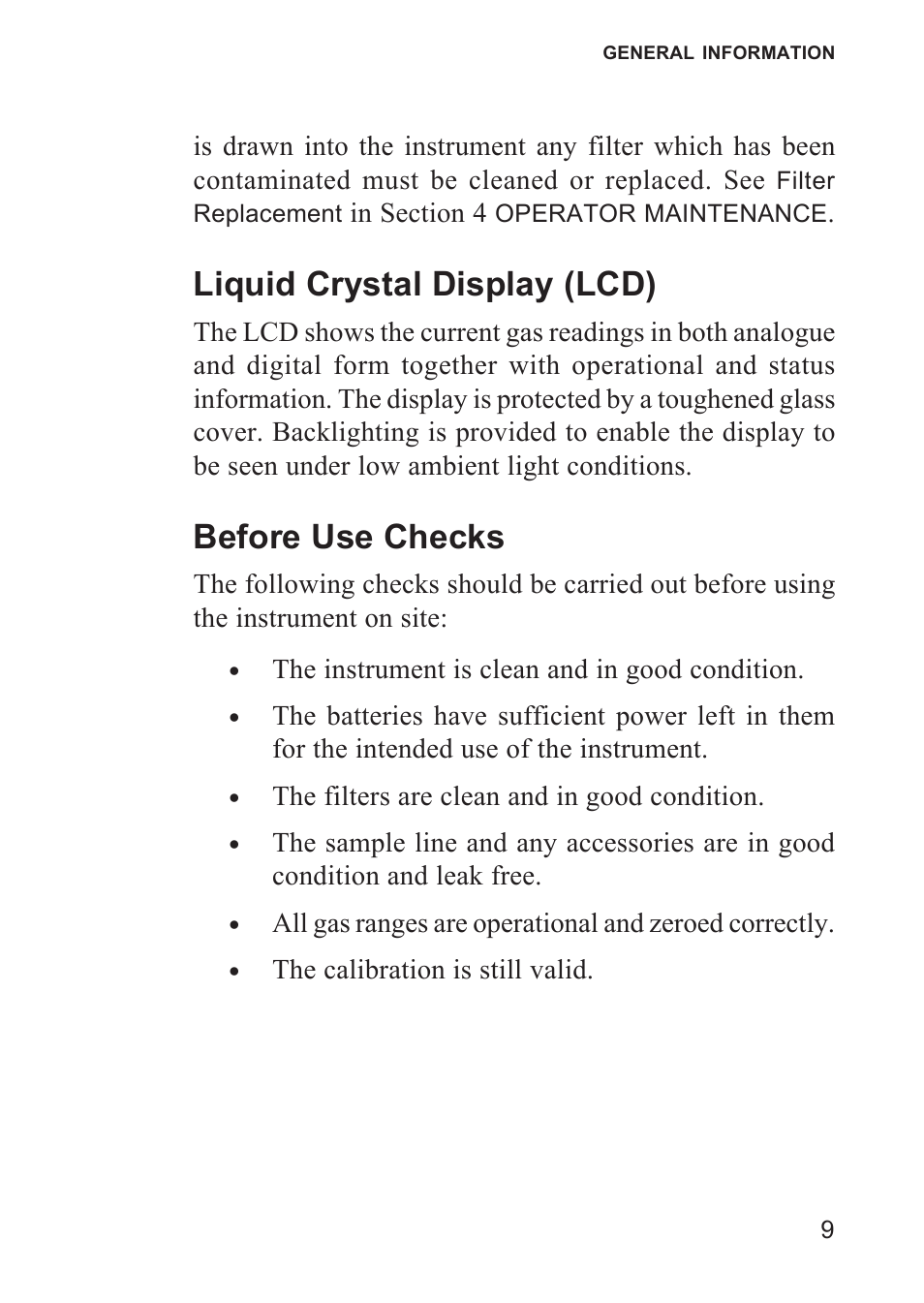 Liquid crystal display (lcd), Before use checks, Liquid crystal display | Heath Consultants Gasurveyor 500 Series User Manual | Page 19 / 89