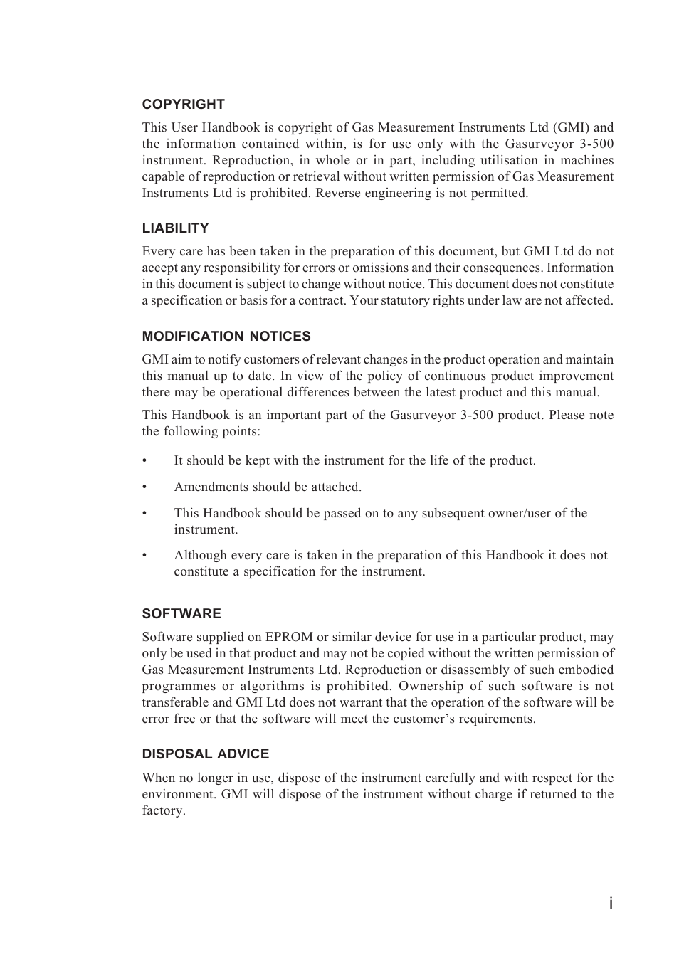 Copyright, Liability, Modification notices | Software, Disposal advice | Heath Consultants Gasurveyor 500 Series User Manual | Page 3 / 89