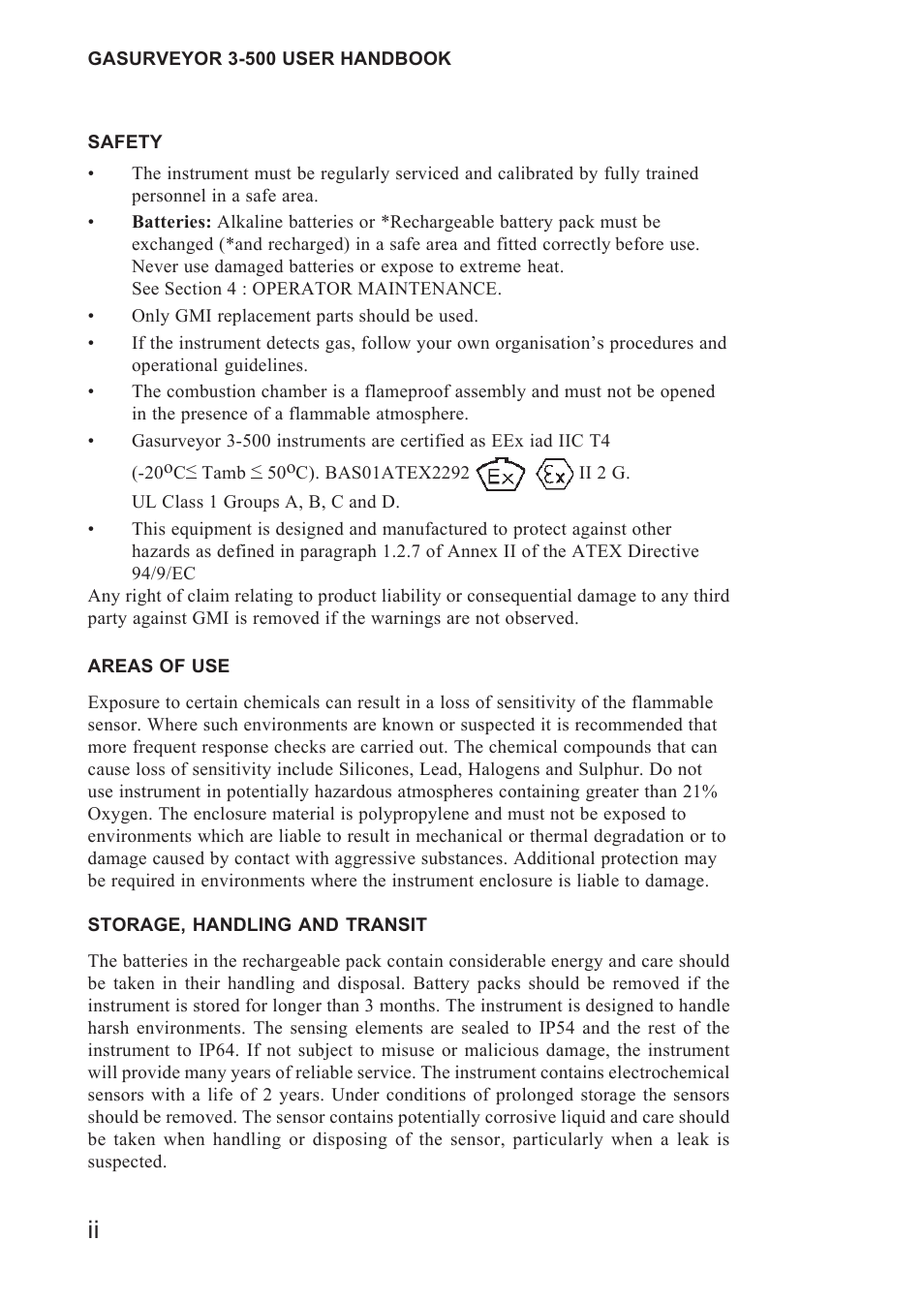 Safety, Areas of use, Storage, handling and transit | Handling, Storage, Transit | Heath Consultants Gasurveyor 500 Series User Manual | Page 4 / 89