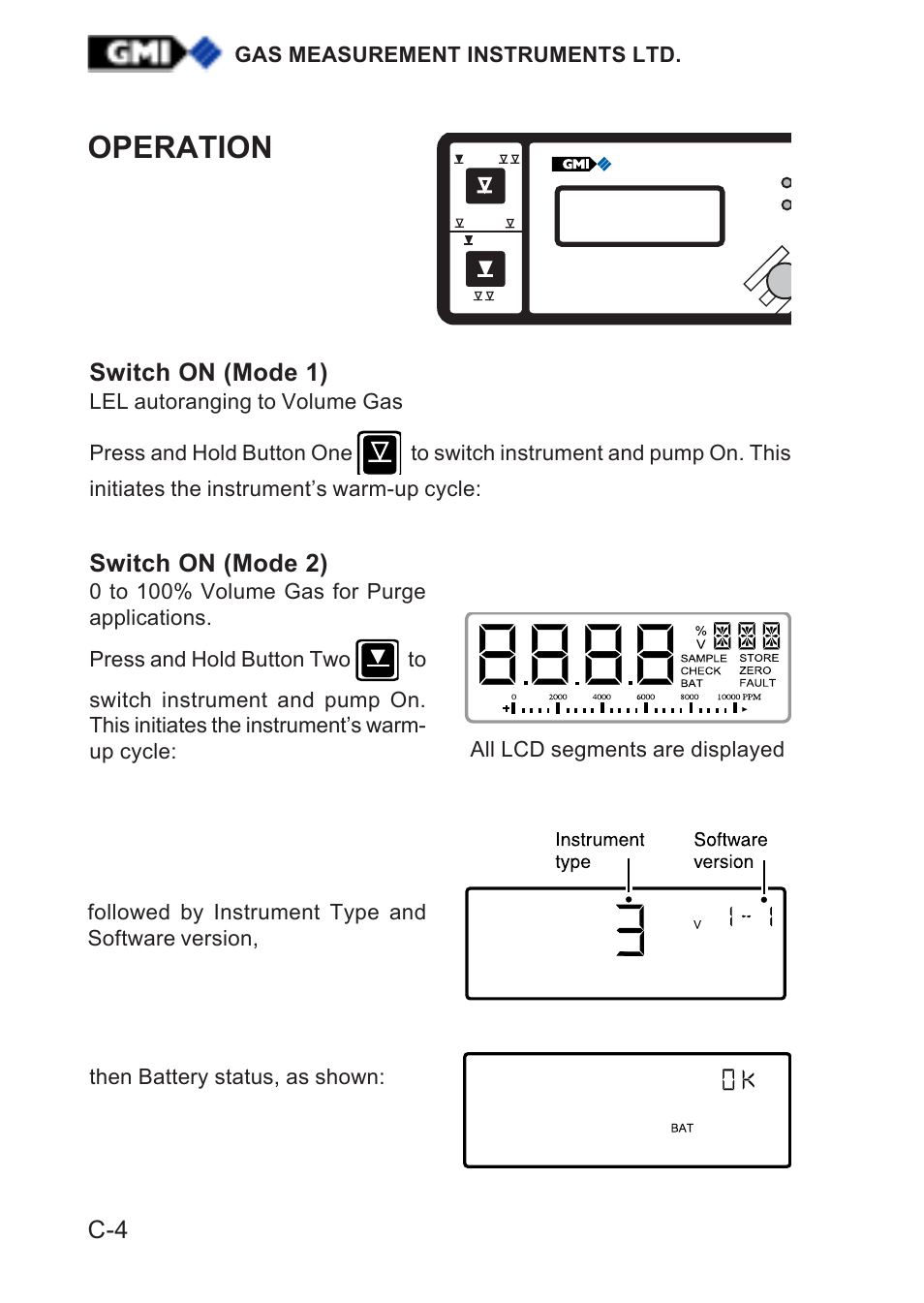 Operation, Switch on (mode 1), Switch on (mode 2) | Gas measurement instruments ltd | Heath Consultants Gasurveyor 500 Series User Manual | Page 62 / 89