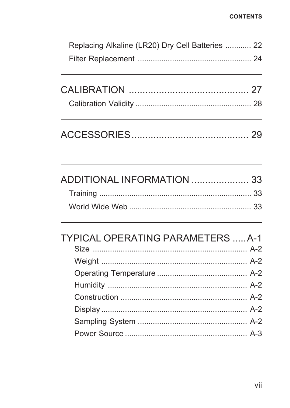 Calibration, Accessories additional information, Typical operating parameters .....a-1 | Heath Consultants Gasurveyor 500 Series User Manual | Page 9 / 89