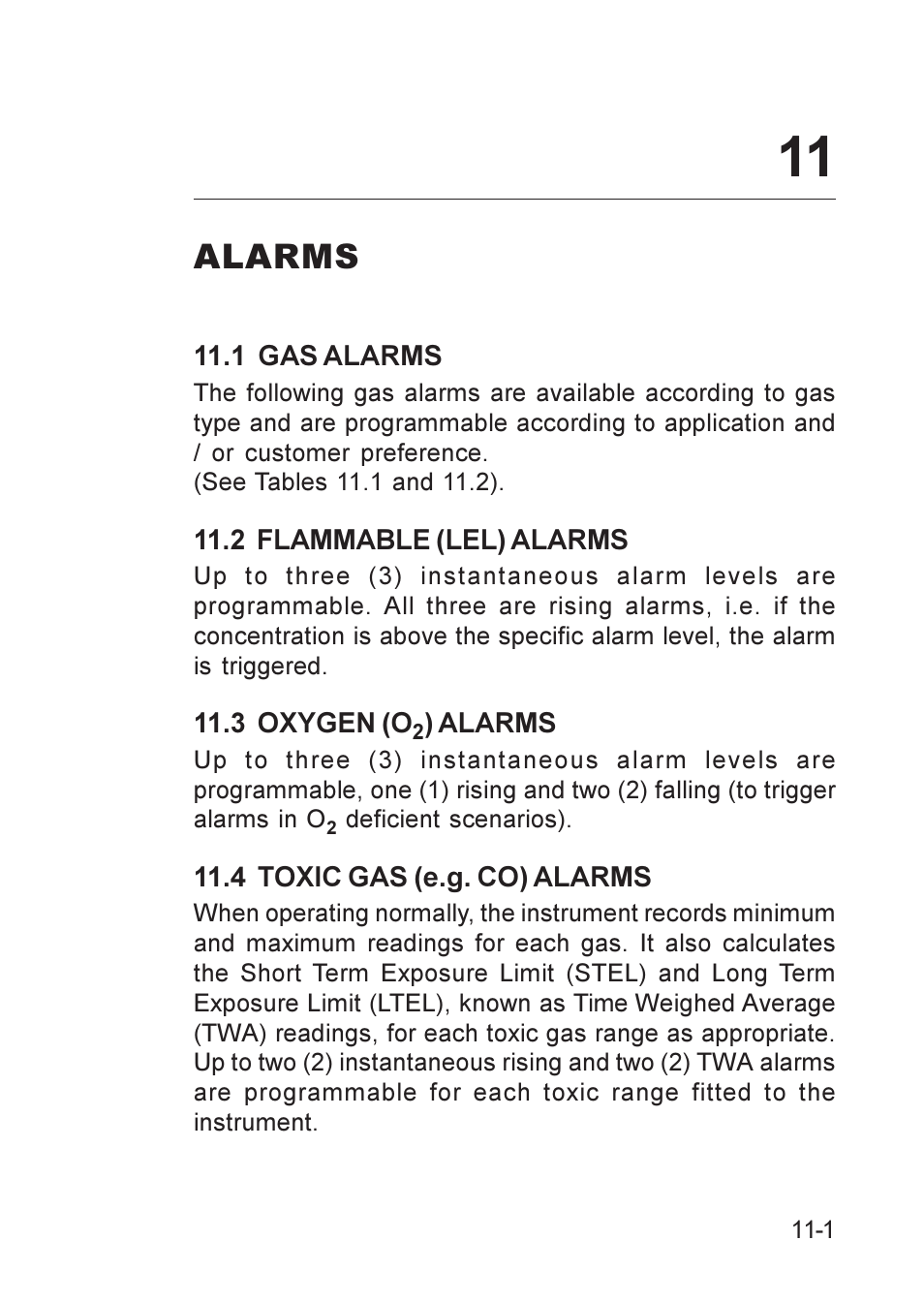 Alarms, 1 gas alarms, 2 flammable (lel) alarms | 3 oxygen (o2) alarms, 4 toxic gas (e.g. co) alarms, Lel) alarms, O2) alarms, Alarms, (lel), Alarms, (o2), Alarms, co) | Heath Consultants GT Series User Manual | Page 105 / 170