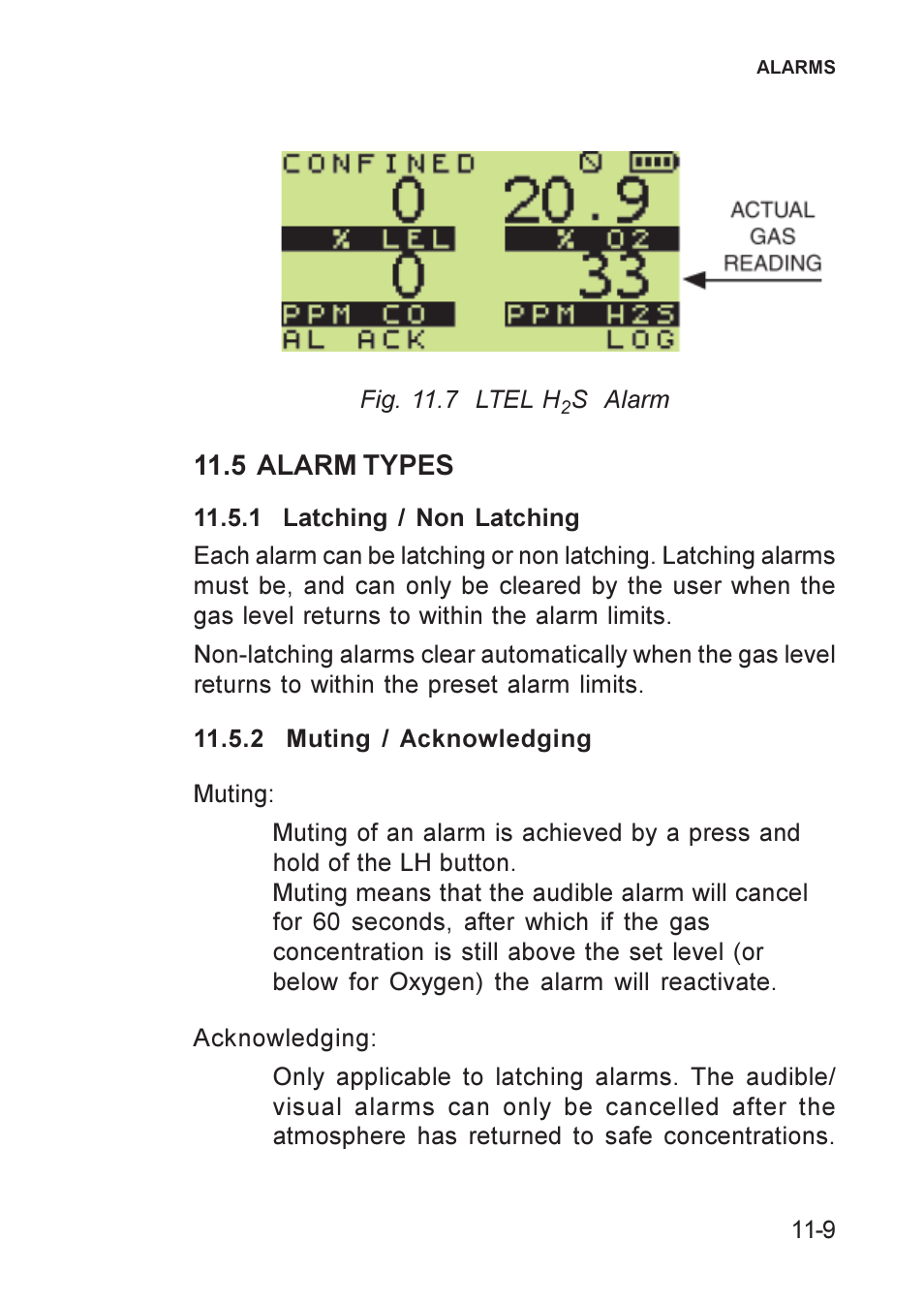 5 alarm types, Acknowledging, Alarm types | Latching, Muting, Non latching, Types, alarm, 5 alarm types -9 | Heath Consultants GT Series User Manual | Page 113 / 170