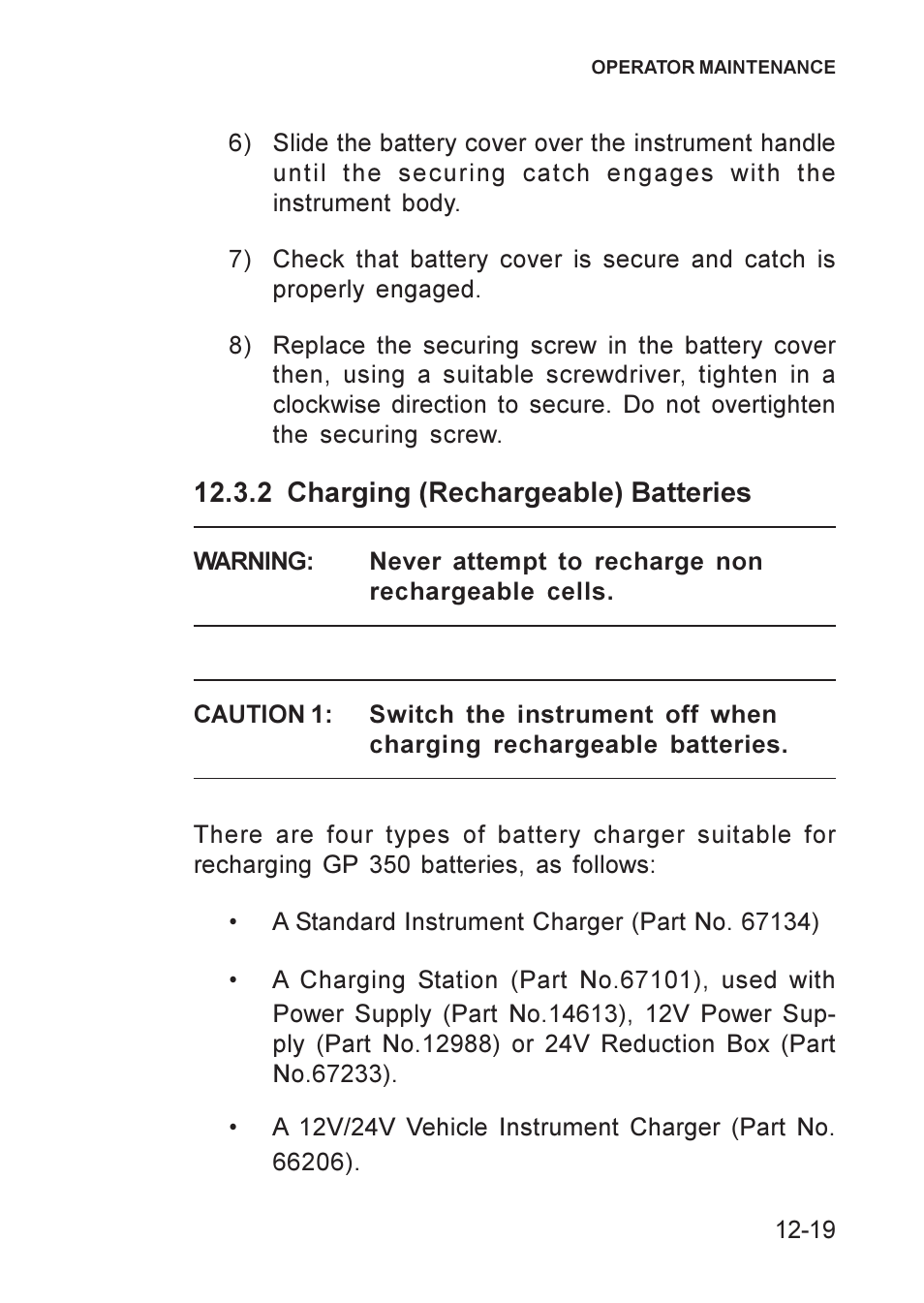 2 charging (rechargeable) batteries, Charging (rechargeable) batteries, 2 charging (rechargeable) batteries -19 | Heath Consultants GT Series User Manual | Page 143 / 170