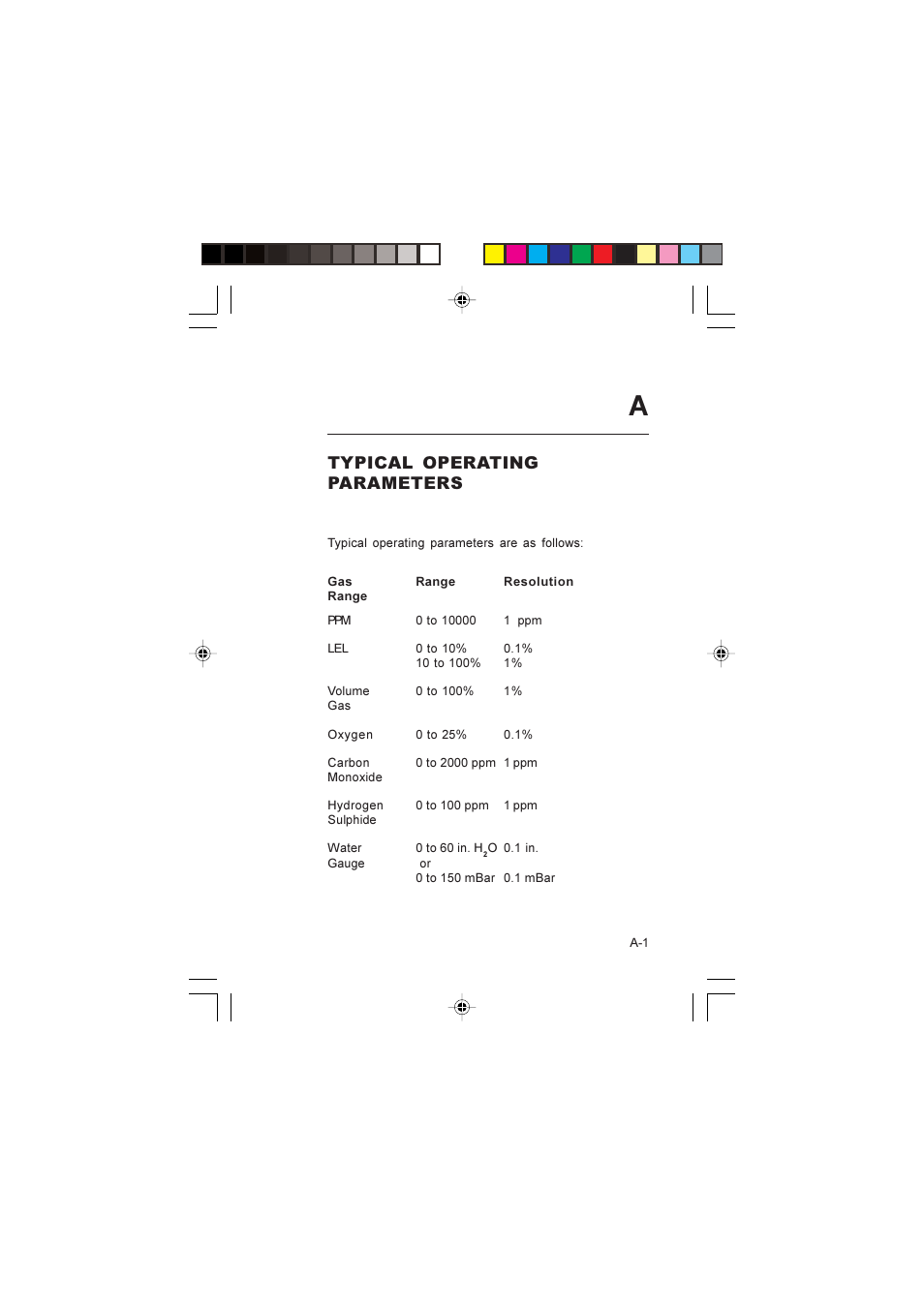 Typical operating parameters, Operating parameters, Parameters, operating | Typical operating parameters ....... a-1 | Heath Consultants GT Series User Manual | Page 161 / 170
