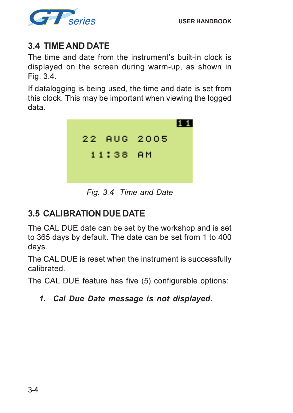 4 time and date, 5 calibration due date, Cal due | Calibration due date, Date, Due, cal, Time, 4 time and date -4 3.5 calibration due date -4 | Heath Consultants GT Series User Manual | Page 26 / 170