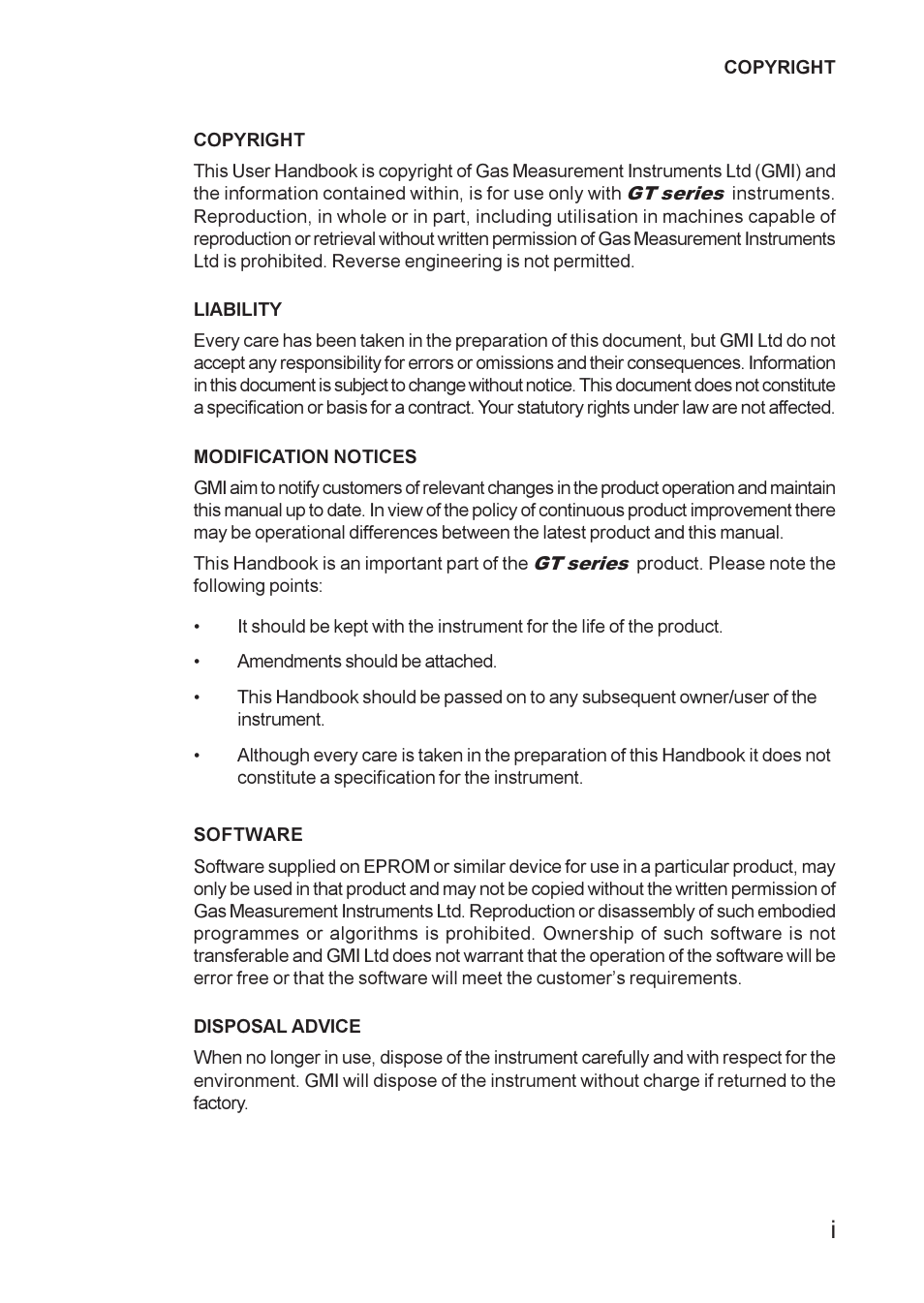 Copyright, Liability, Modification notices | Software, Disposal advice, Advice, disposal, Notices, modification | Heath Consultants GT Series User Manual | Page 3 / 170