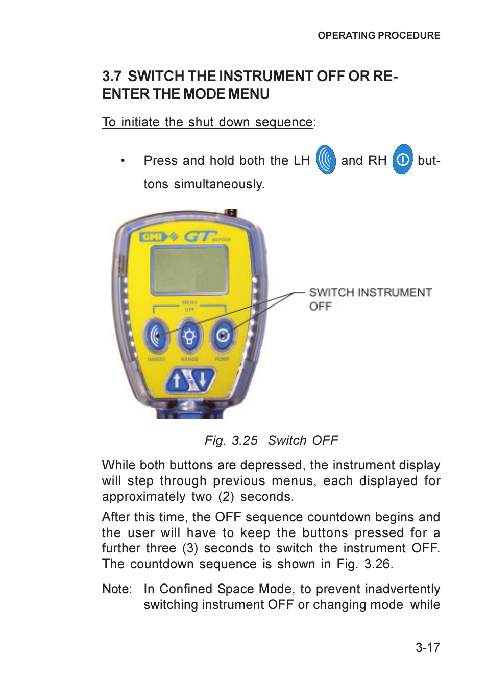 Menu, mode, Mode menu, Switch the instrument off or re-enter the mode men | 7 switch the instrument off or re-enter, The mode menu -17 | Heath Consultants GT Series User Manual | Page 39 / 170