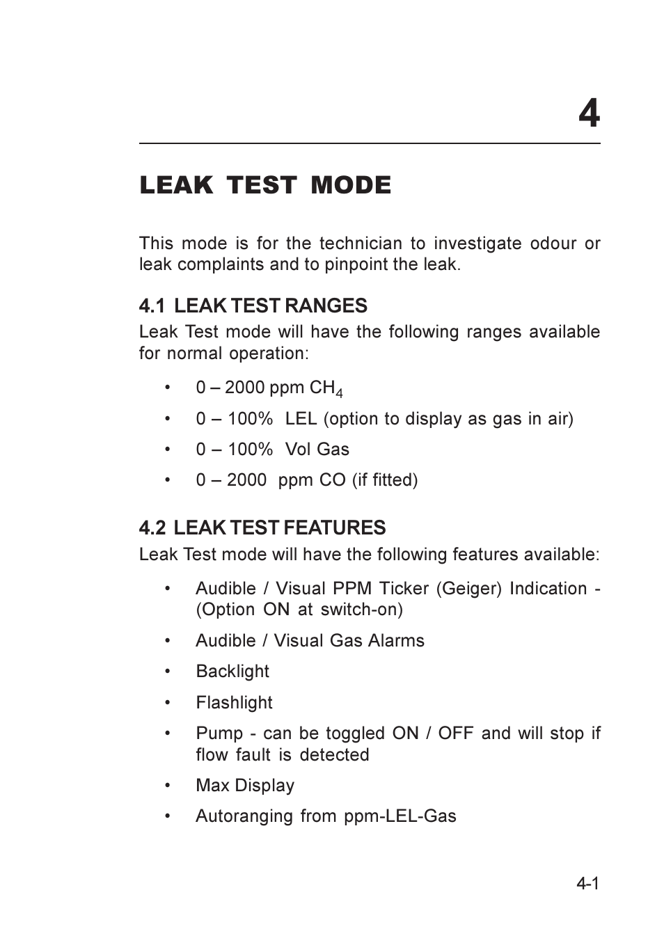 Leak test mode, 2 leak test features, Leak test features | Leak test ranges, Leak test mode -1, Leak test ranges -1 4.2 leak test features -1 | Heath Consultants GT Series User Manual | Page 43 / 170