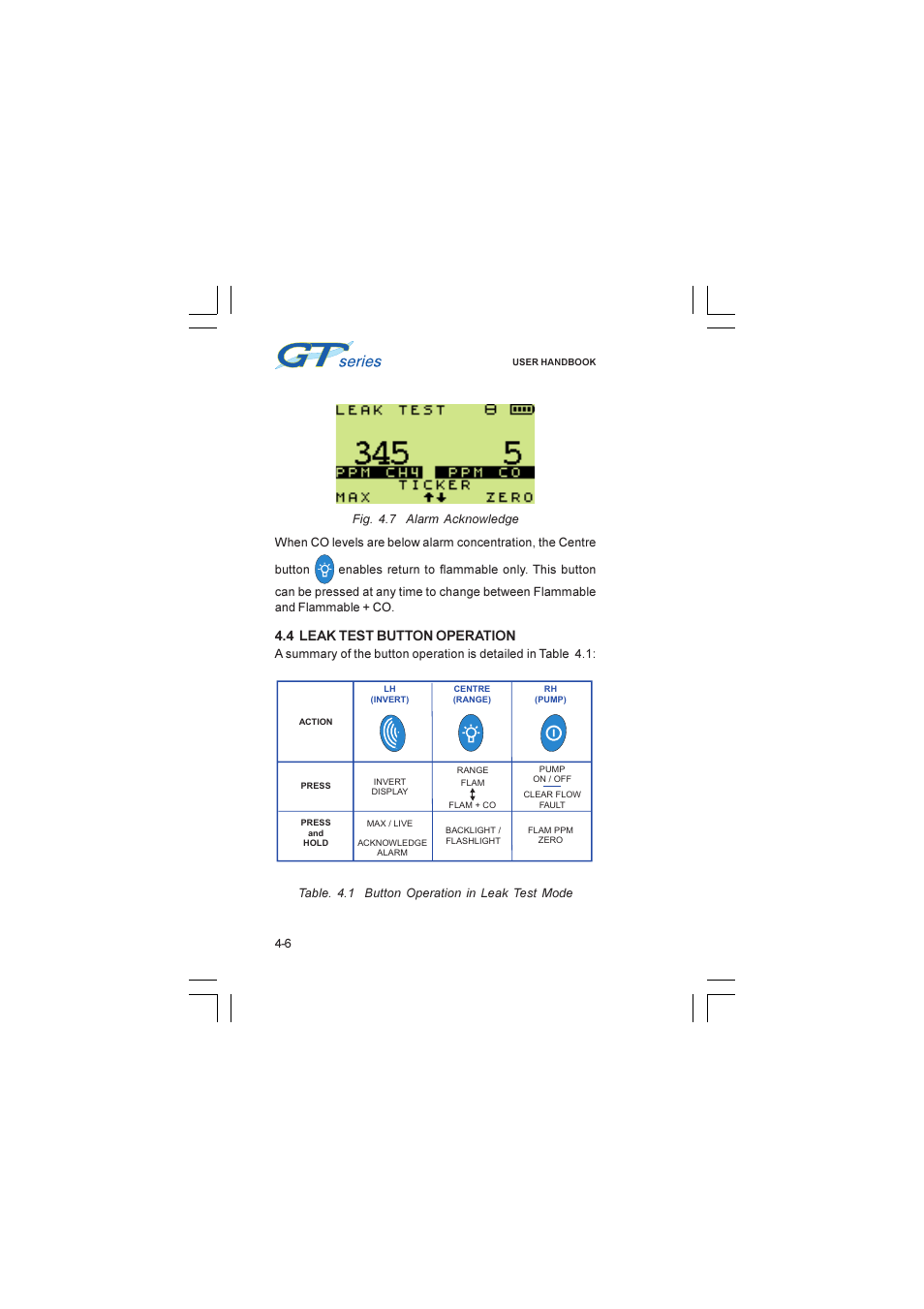 4 leak test button operation, Leak test button operation, 4 leak test button operation -6 | Heath Consultants GT Series User Manual | Page 48 / 170