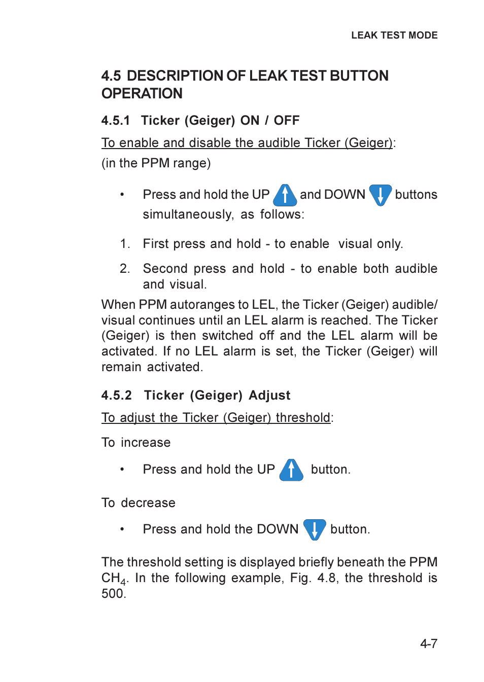 5 description of leak test button operation, Description of leak test button operation, 5 description of leak test button opera | Tion -7 | Heath Consultants GT Series User Manual | Page 49 / 170