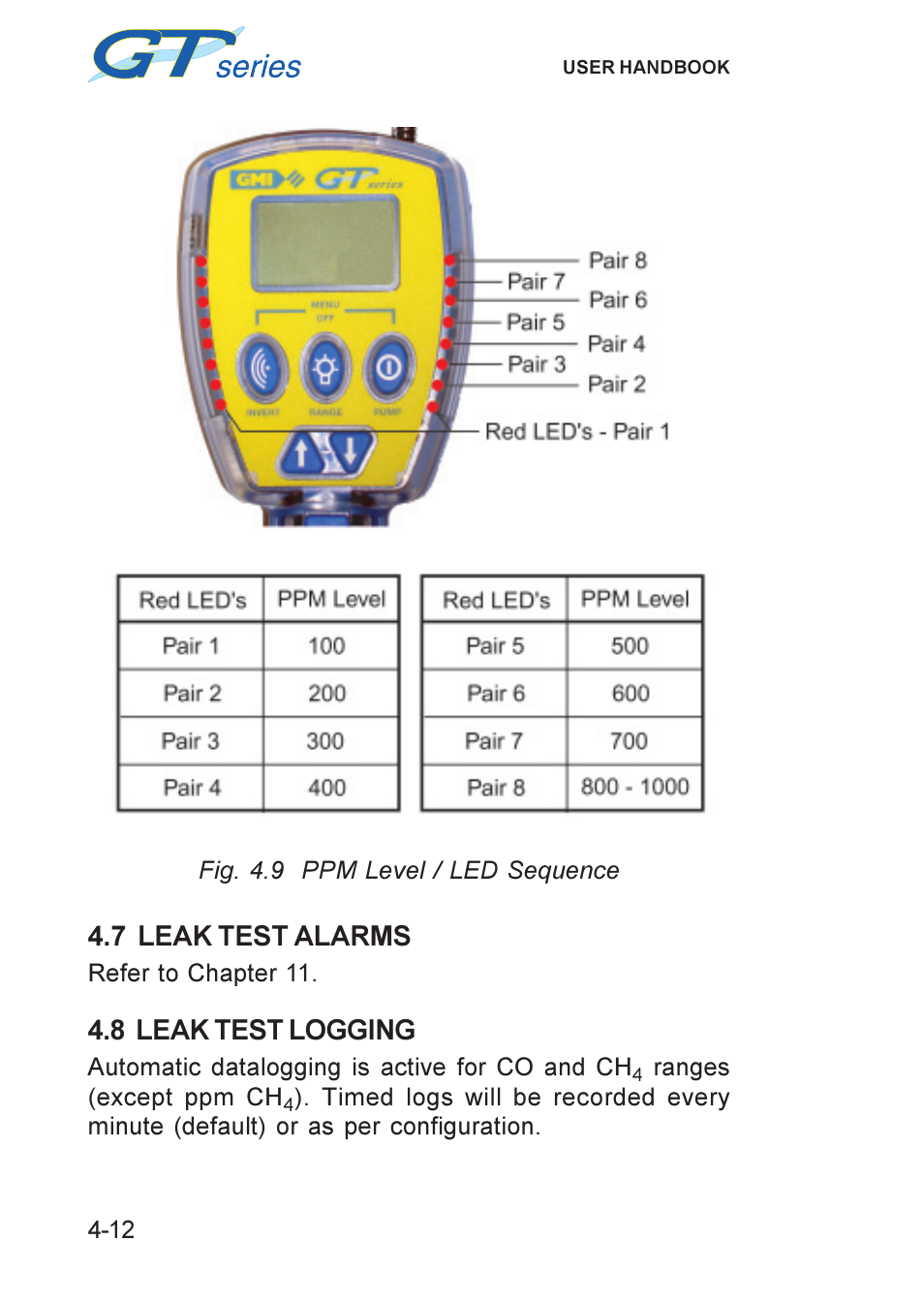 7 leak test alarms, 8 leak test logging, Leak test alarms | Leak test logging, 7 leak test alarms -12 4.8 leak test logging -12 | Heath Consultants GT Series User Manual | Page 54 / 170