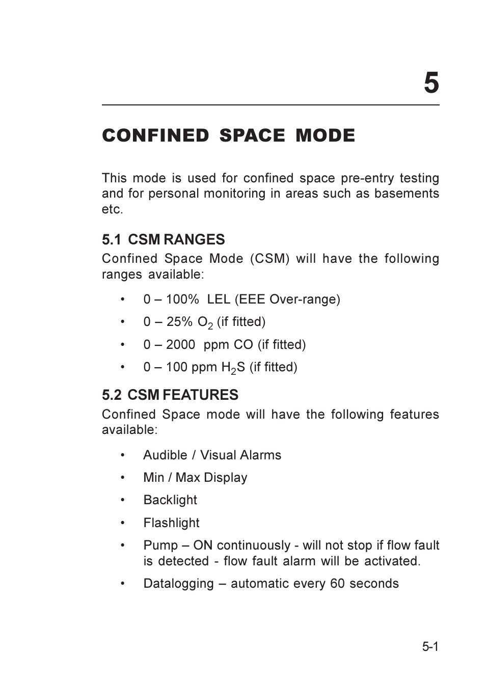 Confined space mode, 1 csm ranges, 2 csm features | Csm features, Csm ranges, Features, csm, Ranges, csm, Confined space mode -1, 1 csm ranges -1 5.2 csm features -1 | Heath Consultants GT Series User Manual | Page 55 / 170