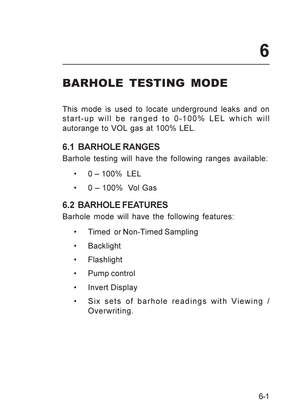 Barhole testing mode, 1 barhole ranges, 2 barhole features | Barhole features, Barhole ranges, Features, barhole, Ranges, barhole, Barhole testing mode -1, 1 barhole ranges -1 6.2 barhole features -1 | Heath Consultants GT Series User Manual | Page 65 / 170