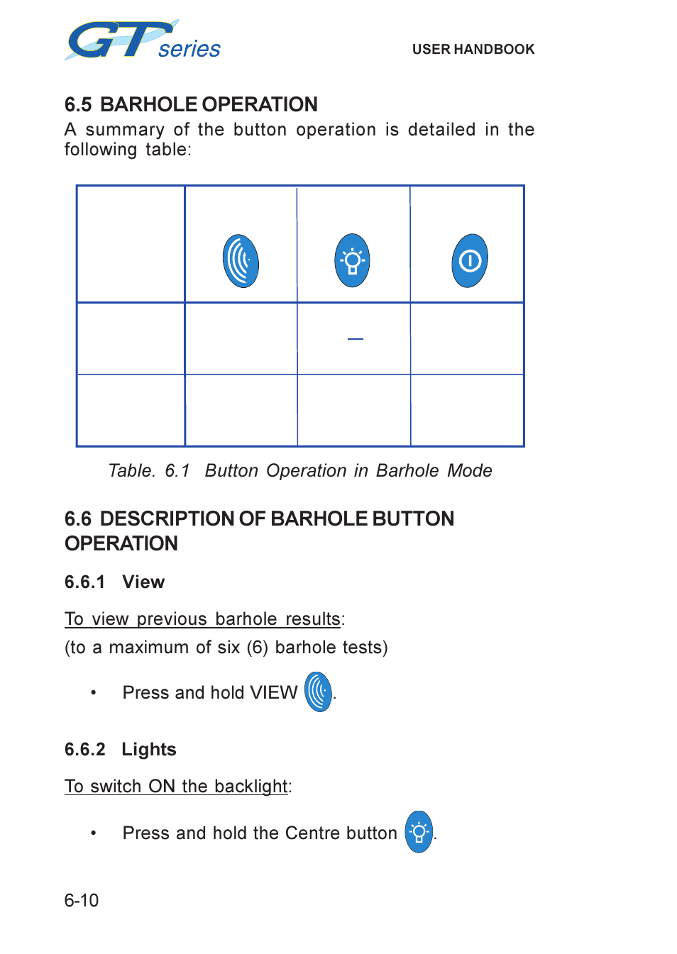 5 barhole operation, 6 description of barhole button operation, Barhole operation | Description of barhole button operation, Operation, barhole, Tion -10 | Heath Consultants GT Series User Manual | Page 74 / 170