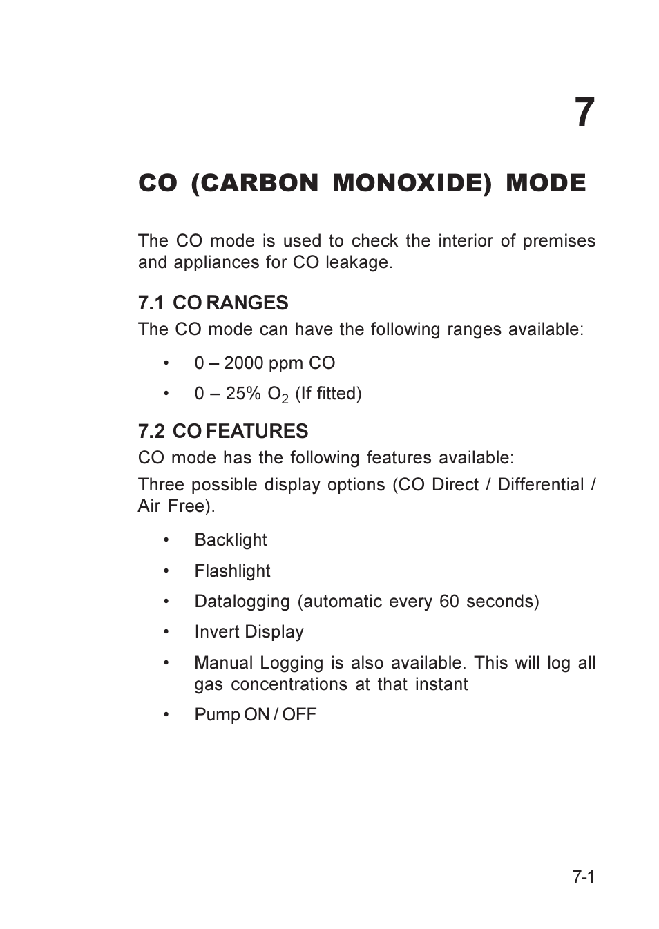 Co (carbon monoxide) mode, 1 co ranges, 2 co features | Co features, Co ranges, Features, co, Ranges, co, Co (carbon monoxide) mode -1, 1 co ranges -1 7.2 co features -1 | Heath Consultants GT Series User Manual | Page 77 / 170