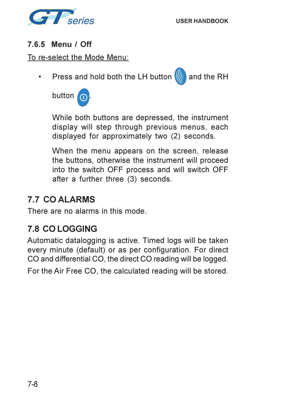 7 co alarms, 8 co logging, Alarms, co | Co alarms, Co logging, Logging, co, 7 co alarms -8 7.8 co logging -8 | Heath Consultants GT Series User Manual | Page 84 / 170