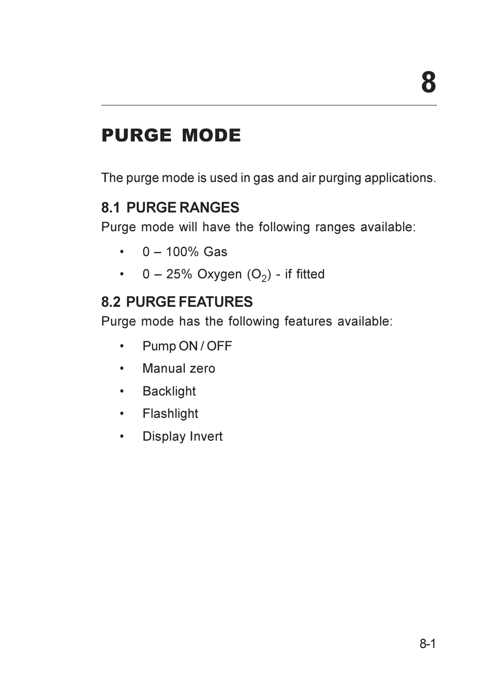 Purge mode, 1 purge ranges, 2 purge features | Features, purge, Purge features, Purge ranges, Ranges, purge, Purge mode -1, 1 purge ranges -1, Pressure mode | Heath Consultants GT Series User Manual | Page 85 / 170