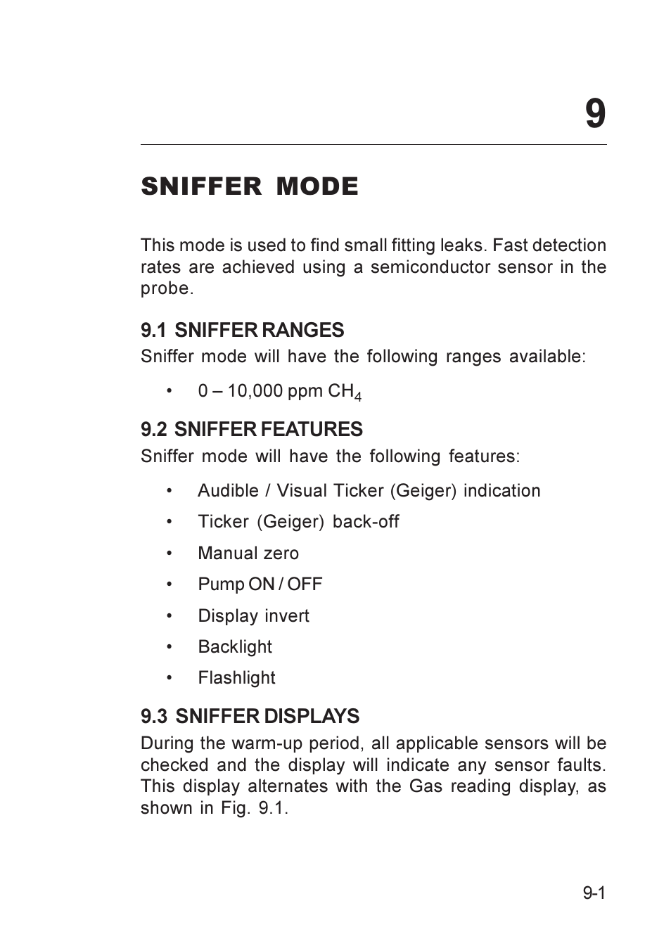 Sniffer mode, 1 sniffer ranges, 2 sniffer features | 3 sniffer displays, Displays, sniffer, Features, sniffer, Ranges, sniffer, Sniffer displays, Sniffer features, Sniffer ranges | Heath Consultants GT Series User Manual | Page 91 / 170