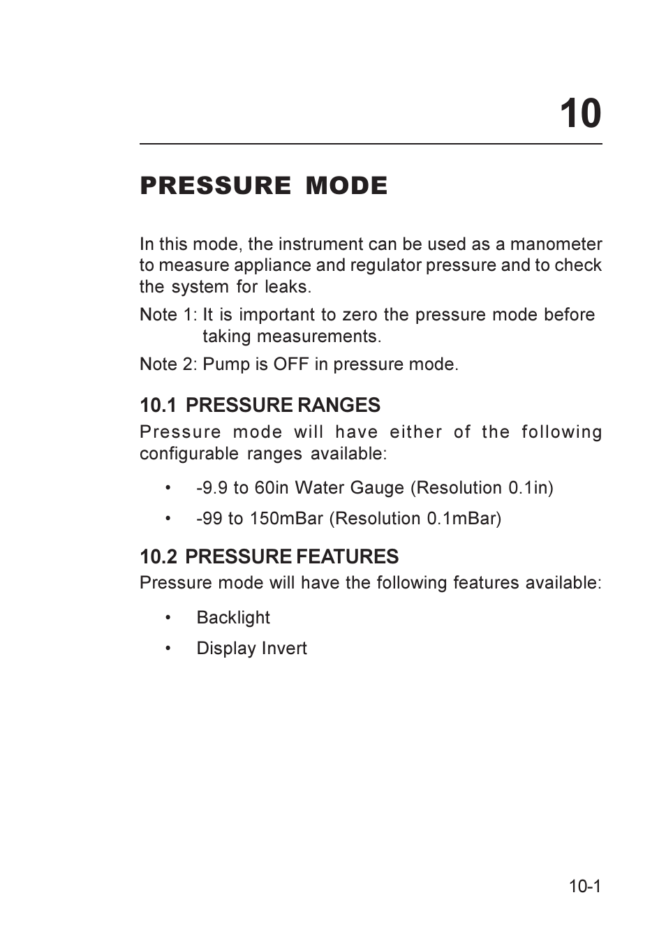 Pressure mode, 1 pressure ranges, 2 pressure features | Features, pressure, Pressure features, Pressure ranges, Ranges, pressure | Heath Consultants GT Series User Manual | Page 99 / 170