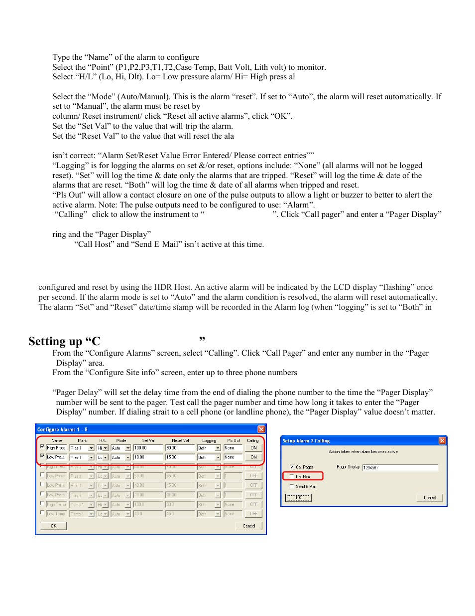 Alarms reset using scroll button, Setting up “call out upon alarm, Call pager, land-line or cell phone) | Heath Consultants Heath Data Recorder (HDR) User Manual | Page 18 / 45