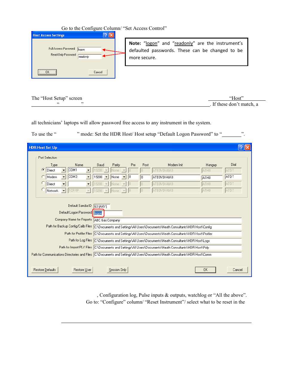 Set access control, Reset instrument | Heath Consultants Heath Data Recorder (HDR) User Manual | Page 21 / 45