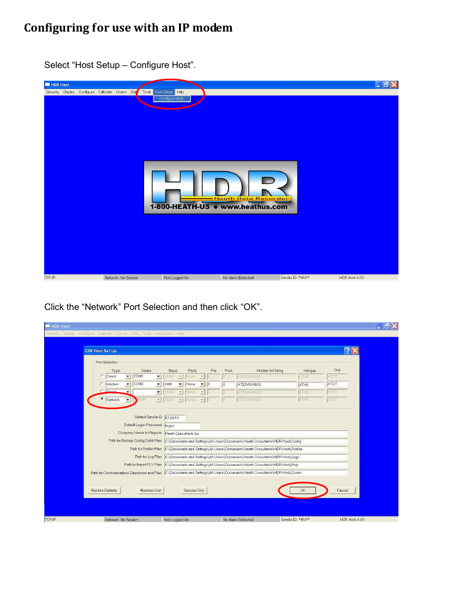 Configuring for use with an ip modem | Heath Consultants Heath Data Recorder (HDR) User Manual | Page 24 / 45