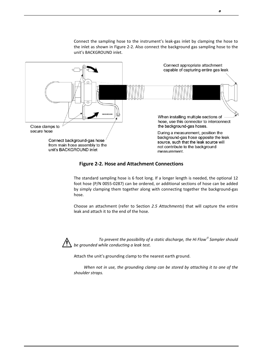 3 sampling hose and attachment connections, 4 grounding, Sampling hose and attachment connections | Grounding | Heath Consultants Hi Flow Sampler User Manual | Page 10 / 62