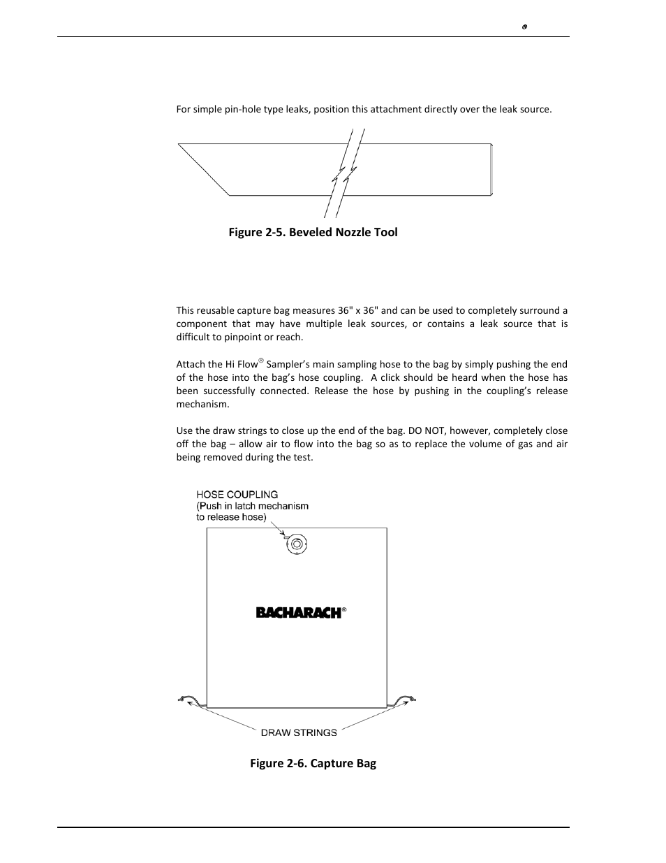 2 beveled nozzle tool (6.5" and 24"), 3 capture bag, Beveled nozzle tool (6.5" and 24") | Capture bag | Heath Consultants Hi Flow Sampler User Manual | Page 12 / 62