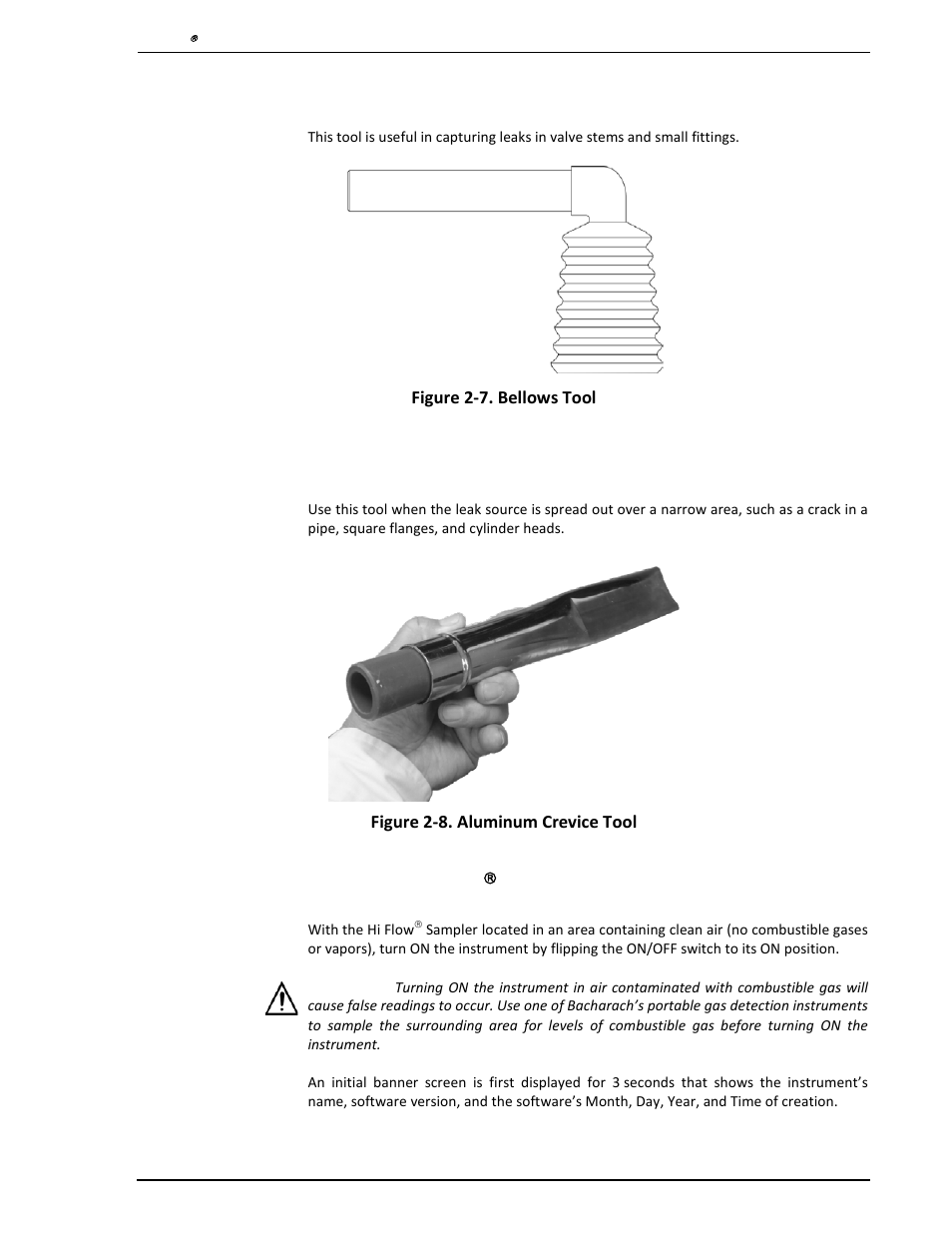 4 bellows tool, 5 aluminum crevice tool, 6 turning on the hi flow( sampler | Bellows tool, Aluminum crevice tool, Turning on the hi flow, Sampler, 6 turning on the hi flow | Heath Consultants Hi Flow Sampler User Manual | Page 13 / 62