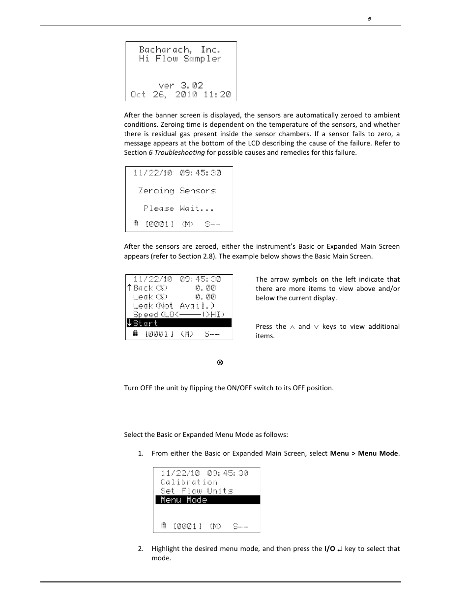 7 turning off the hi flow( sampler, 8 selecting the basic or expanded menu mode, Turning off the hi flow | Sampler, Selecting the basic or expanded menu mode, 7 turning off the hi flow | Heath Consultants Hi Flow Sampler User Manual | Page 14 / 62