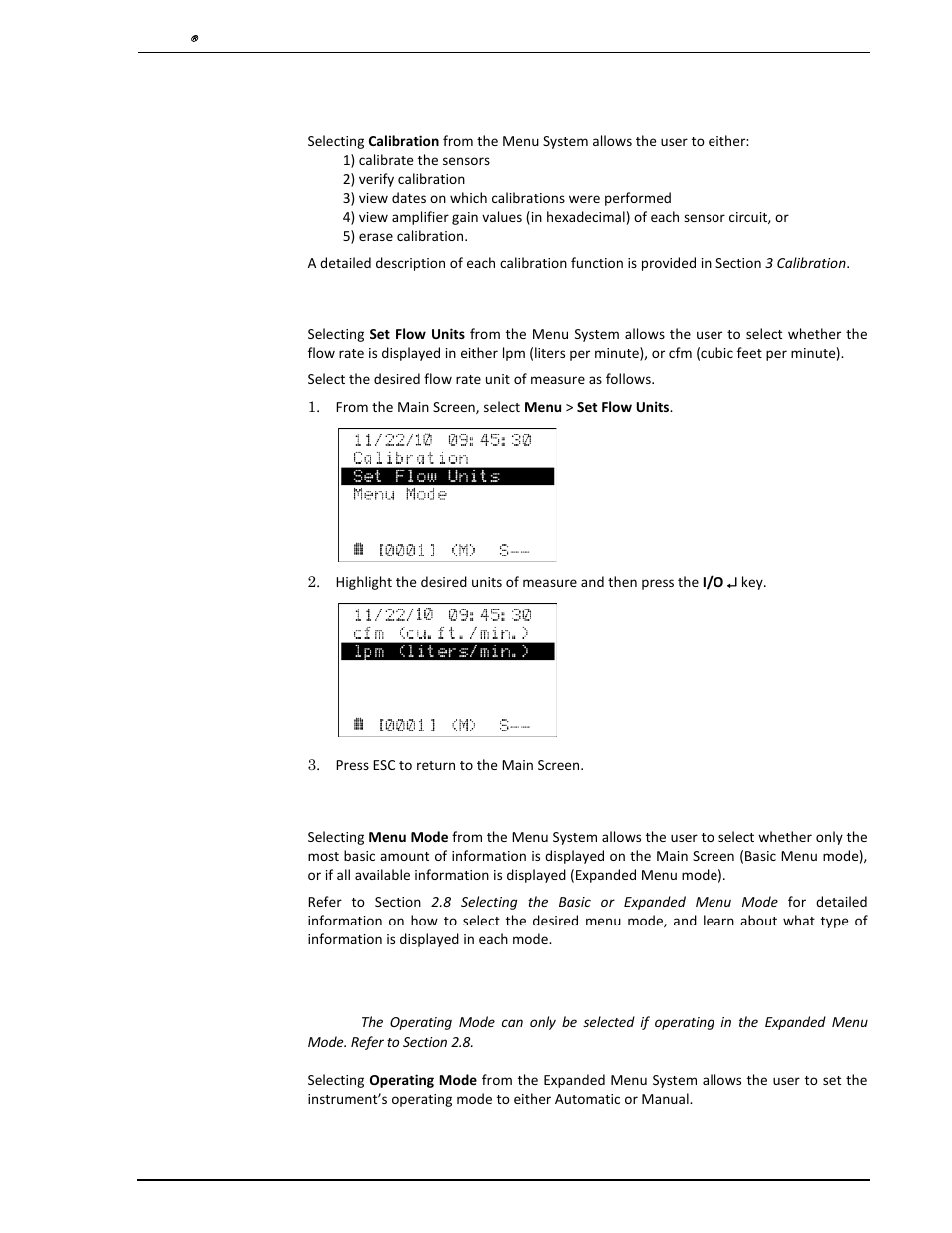 11 calibration menu, 12 set flow units – lpm or cfm, 13 menu mode – basic or expanded | 14 operating mode – automatic or manual, Calibration menu, Set flow units – lpm or cfm, Menu mode – basic or expanded, Operating mode – automatic or manual | Heath Consultants Hi Flow Sampler User Manual | Page 19 / 62