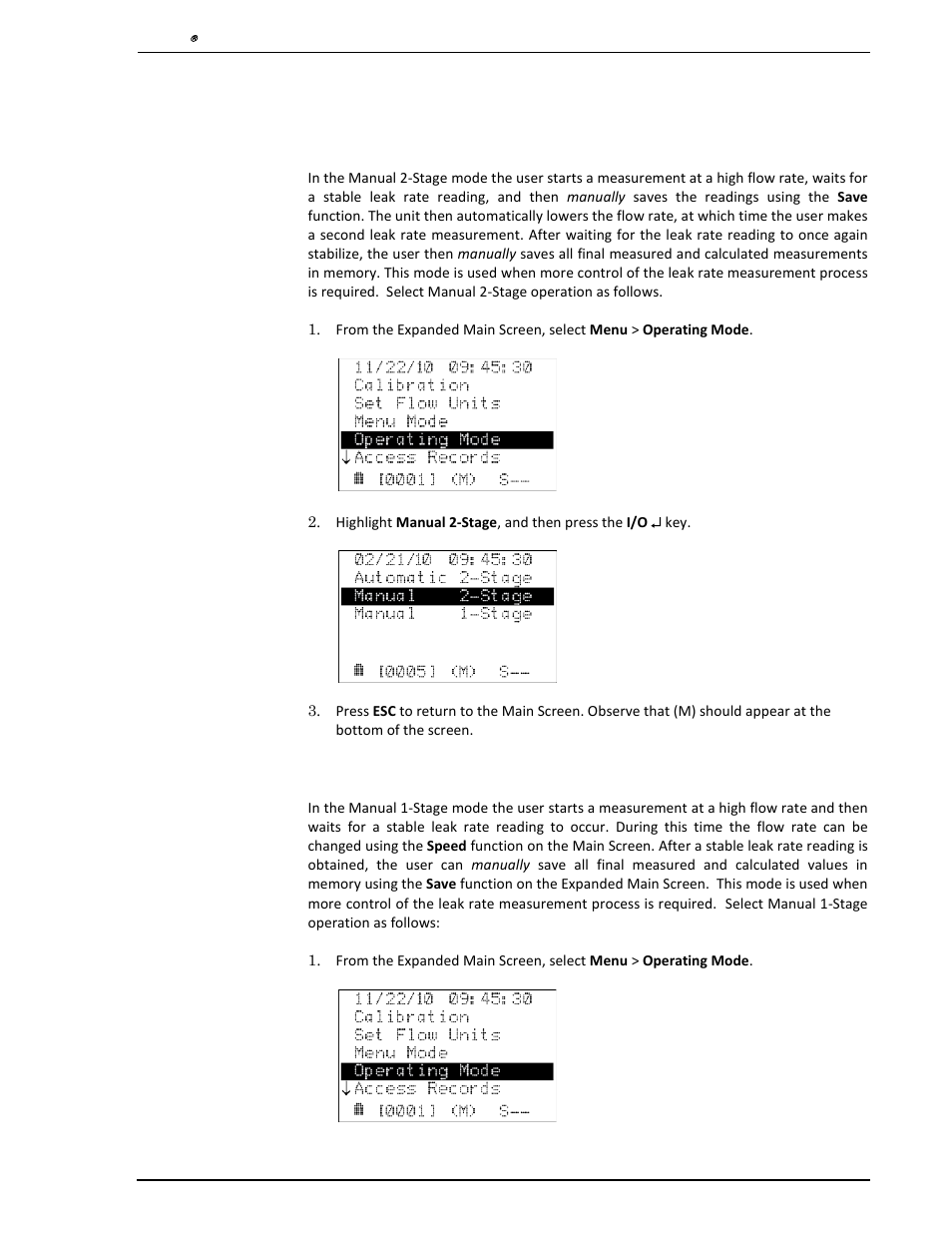 2 manual measurement mode, 1 manual 2-stage mode, 2 manual 1-stage mode | Manual measurement mode, Manual 2-stage mode, Manual 1-stage mode | Heath Consultants Hi Flow Sampler User Manual | Page 21 / 62