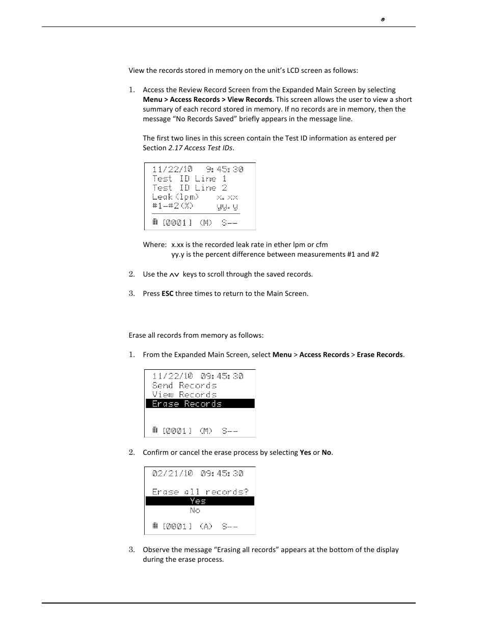 2 view records, 3 erase records, View records | Erase records | Heath Consultants Hi Flow Sampler User Manual | Page 24 / 62