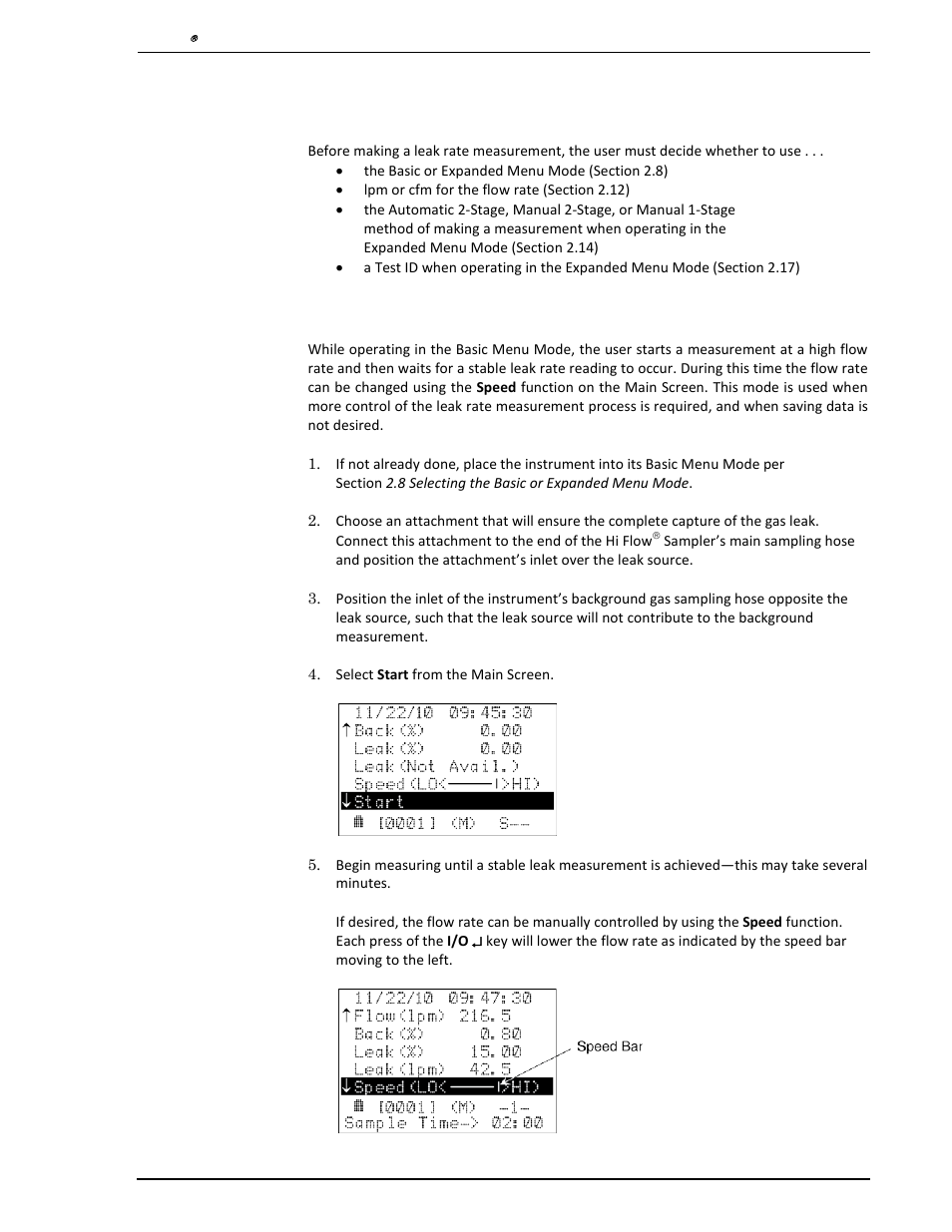 18 making a leak rate measurement, 1 leak rate measurement – basic menu mode, Making a leak rate measurement | Leak rate measurement – basic menu mode | Heath Consultants Hi Flow Sampler User Manual | Page 31 / 62