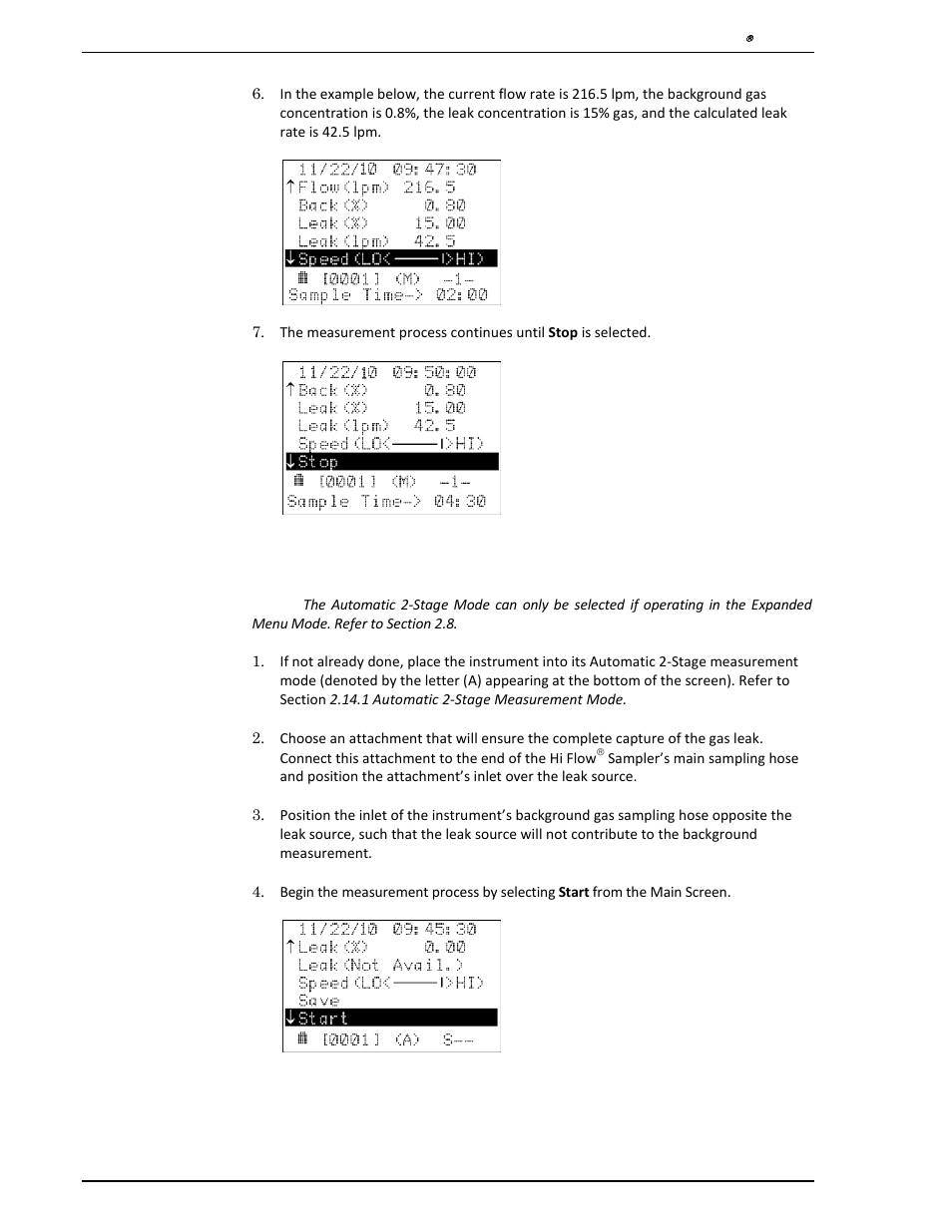 2 leak rate measurement – automatic 2-stage mode, Leak rate measurement – automatic 2-stage mode | Heath Consultants Hi Flow Sampler User Manual | Page 32 / 62