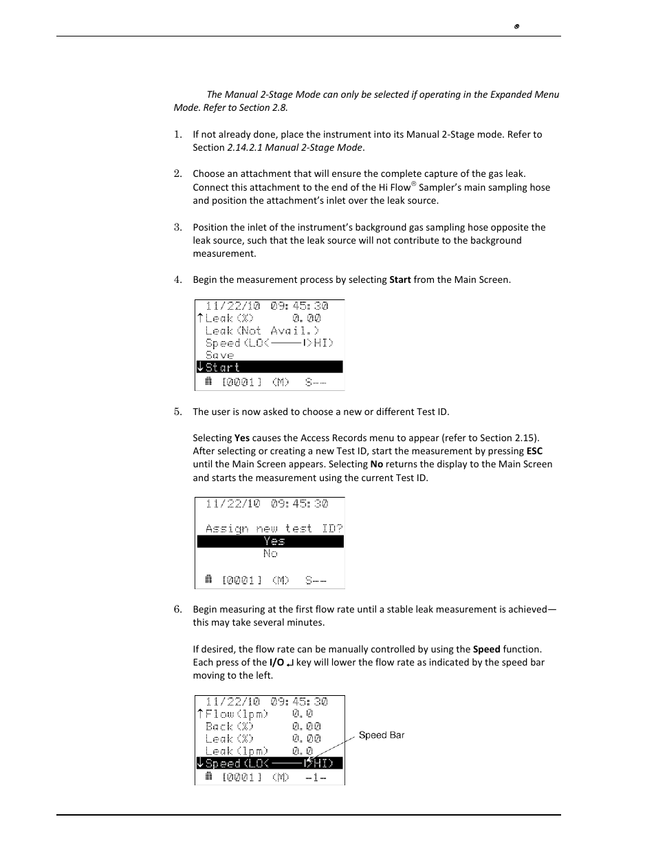 3 leak rate measurement – manual 2-stage mode, Leak rate measurement – manual 2-stage mode | Heath Consultants Hi Flow Sampler User Manual | Page 34 / 62